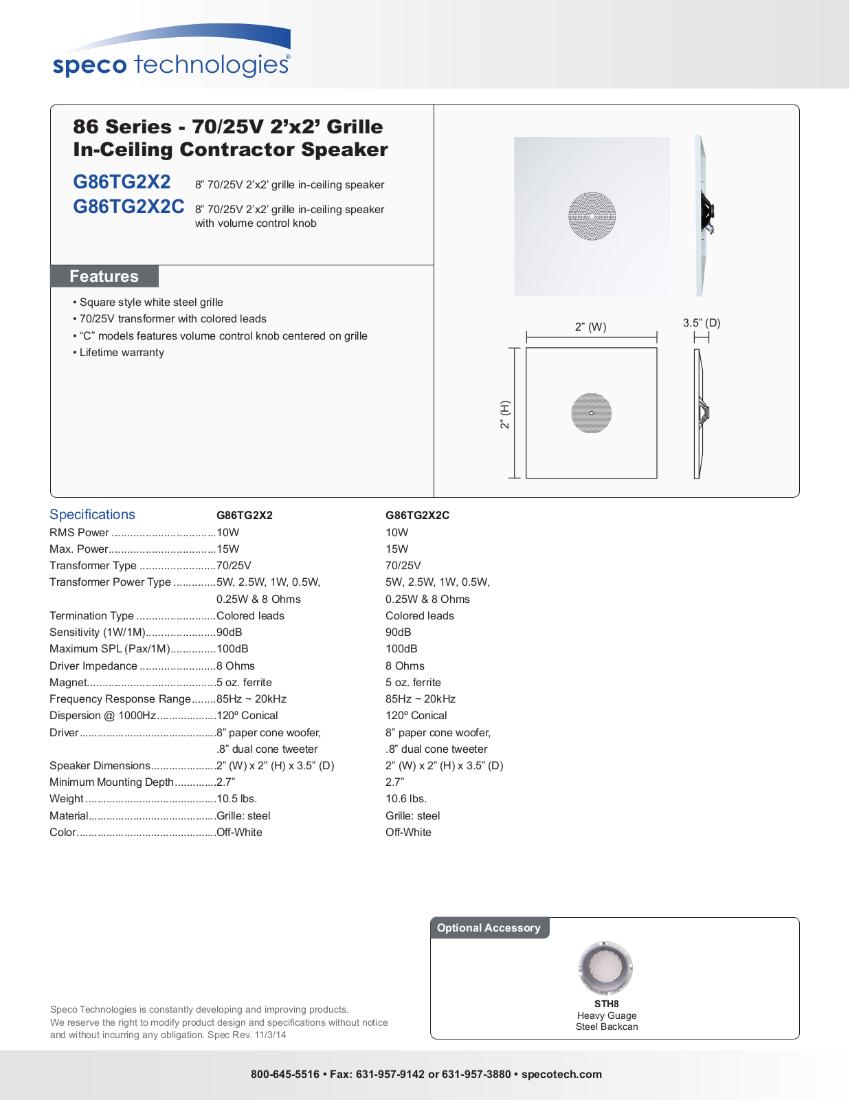 Speco G86TG2X2, G86TG2X2C Specsheet