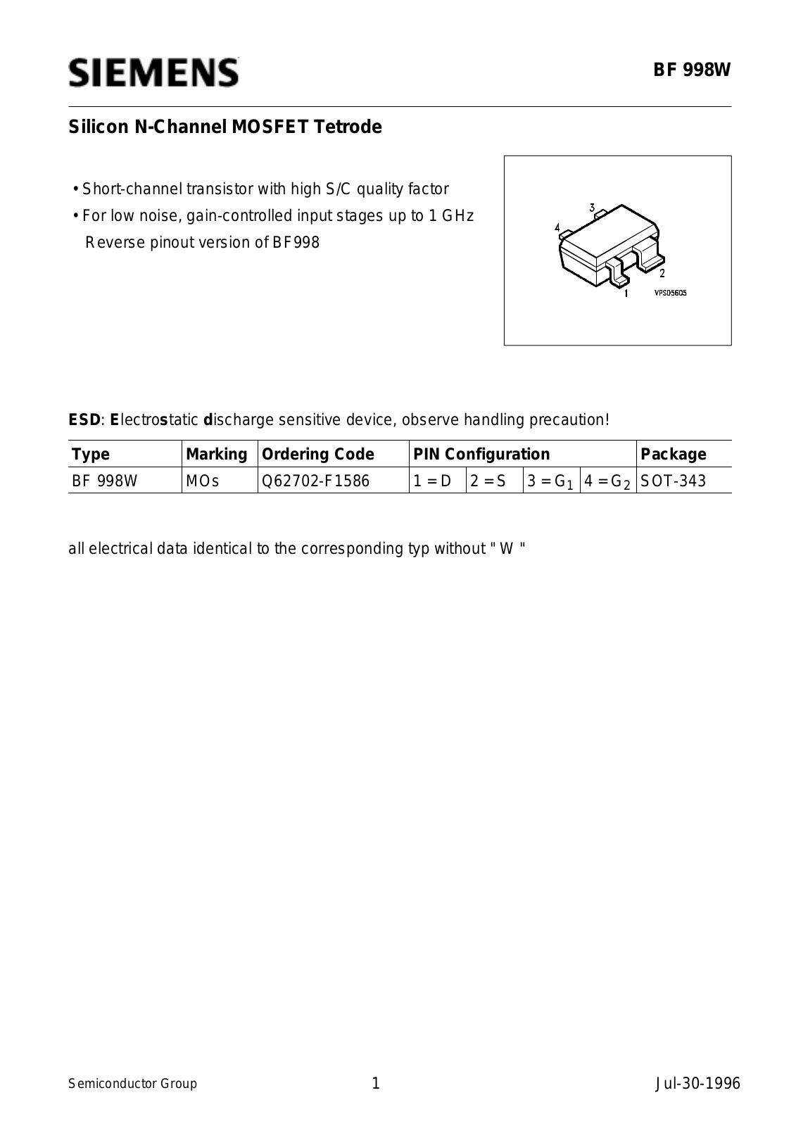 Siemens BF998W Datasheet