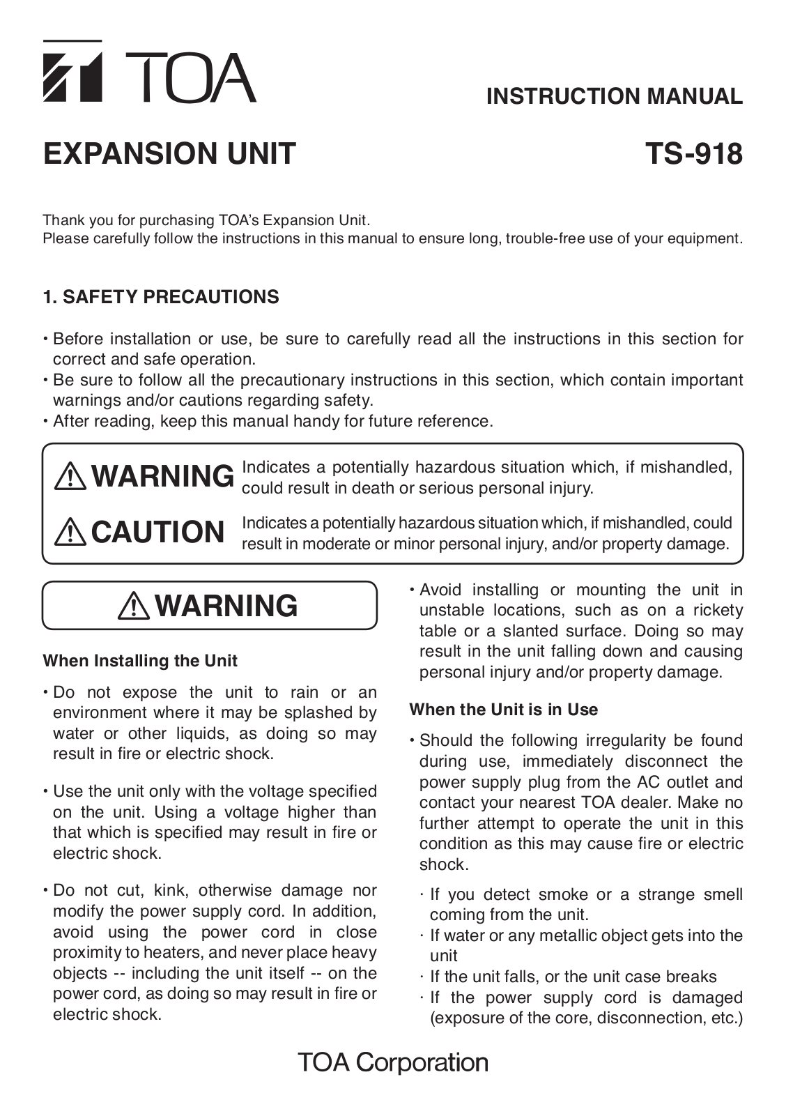 TOA TS-918-US Users Manual