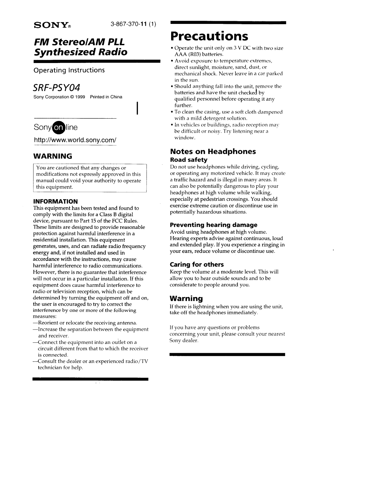 Sony SRF-PSY04 User Manual