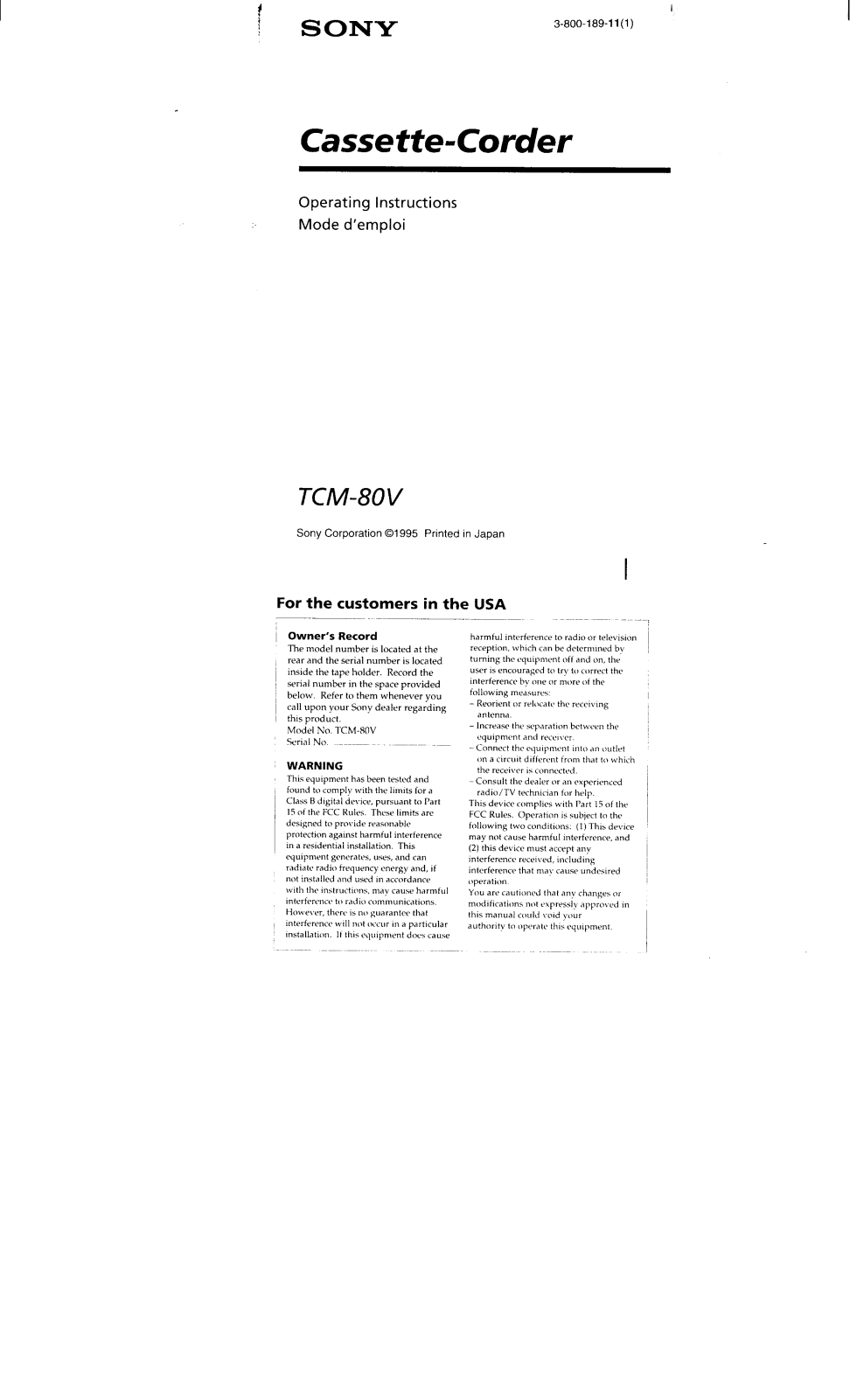 Sony TC-M80V User Manual