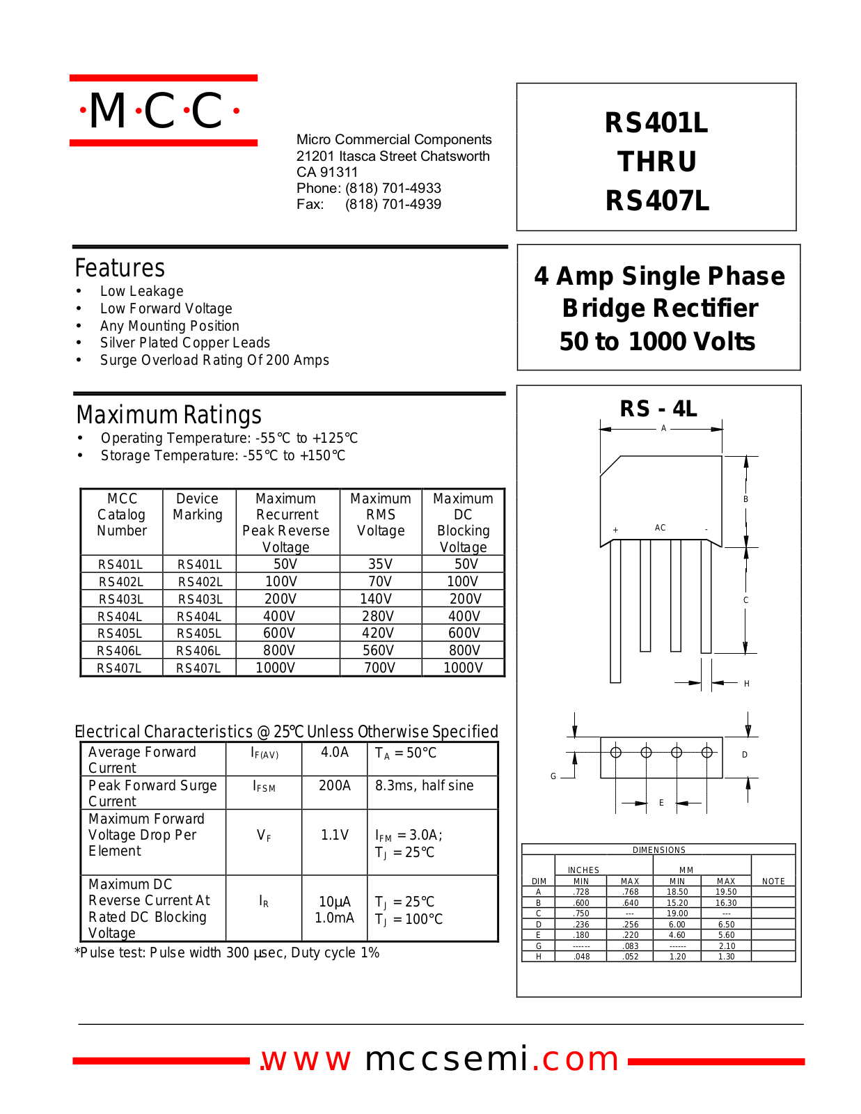 MCC RS401L, RS405L, RS404L, RS407L, RS403L Datasheet