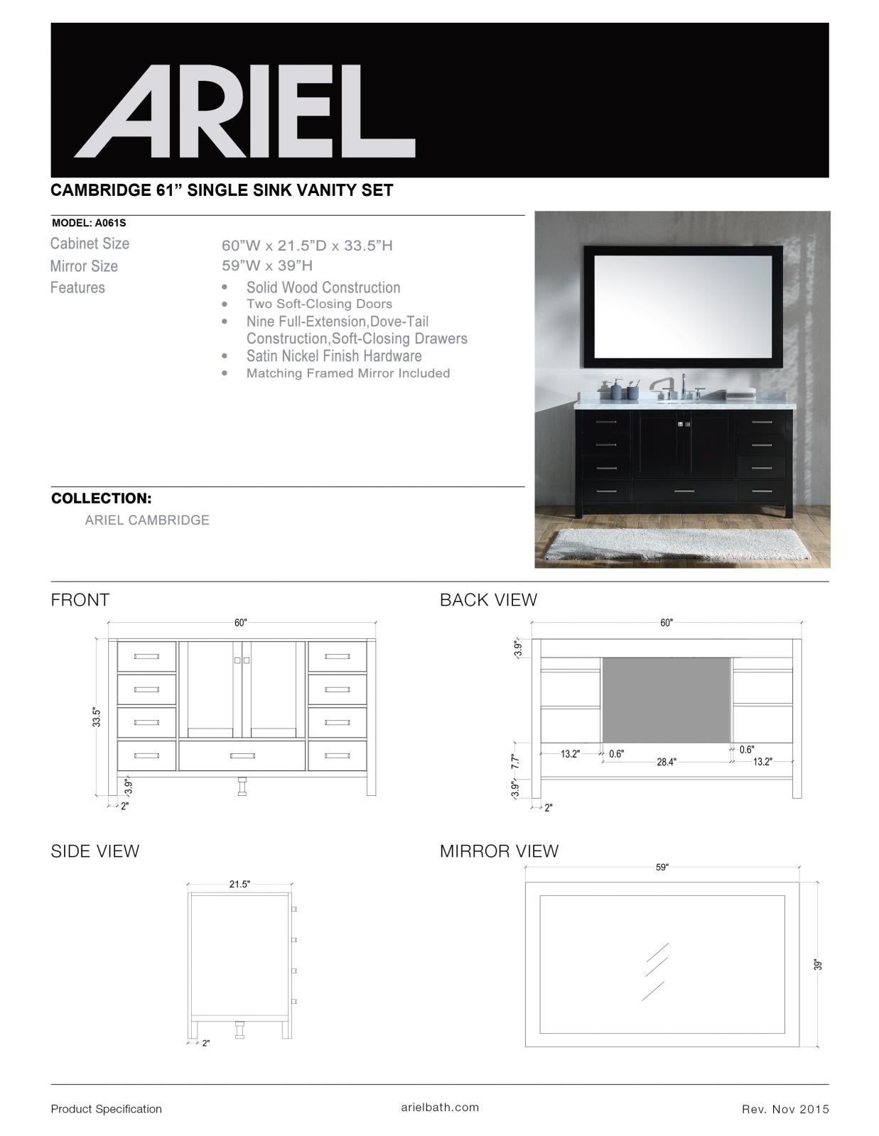 Ariel A061SVOESP, A061S61, A061SVOGRY, A061SVOWHT, A061SWHT Specifications - ManualMachine.com