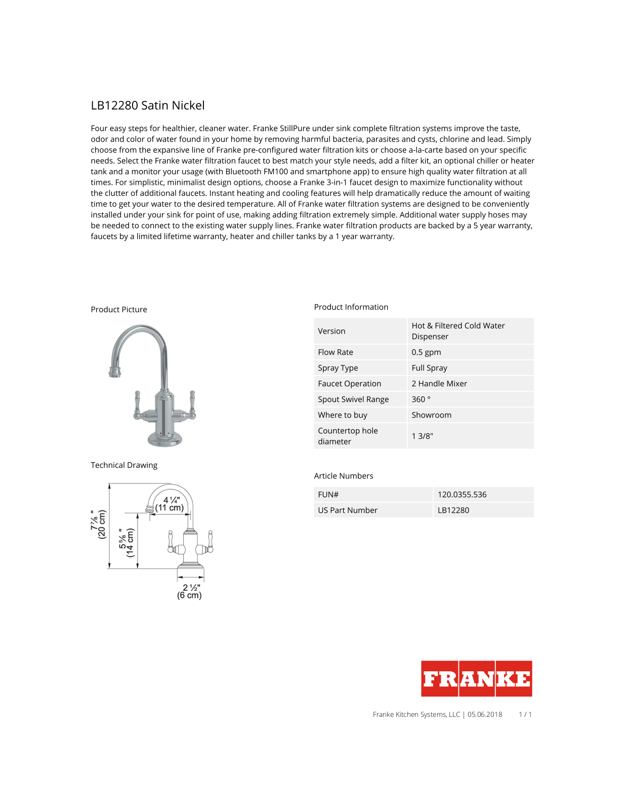 Franke LB12280 Specification Sheet