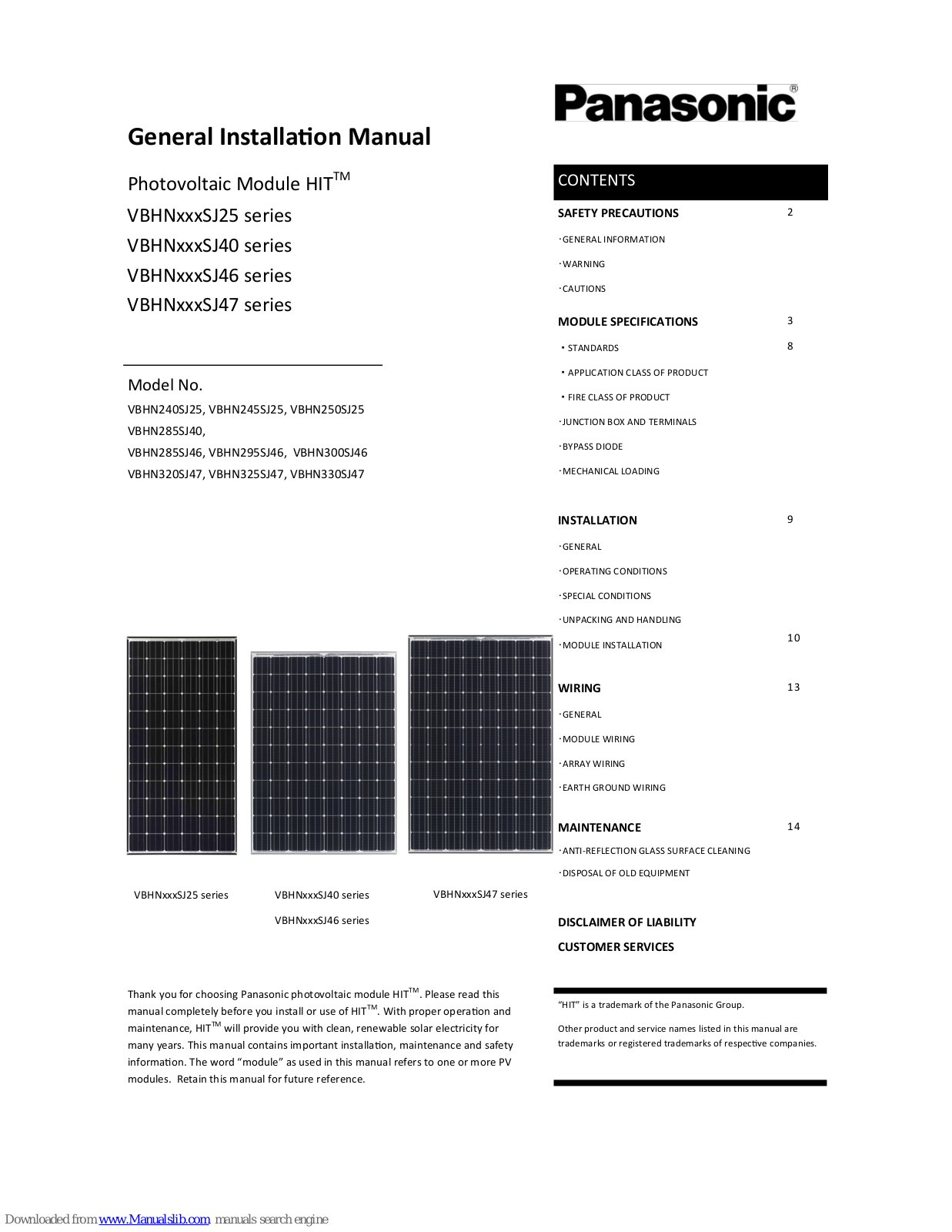 Panasonic VBHN320SJ47, VBHN285SJ46, VBHN240SJ25, VBHN325SJ47, VBHN330SJ47 Installation Manual