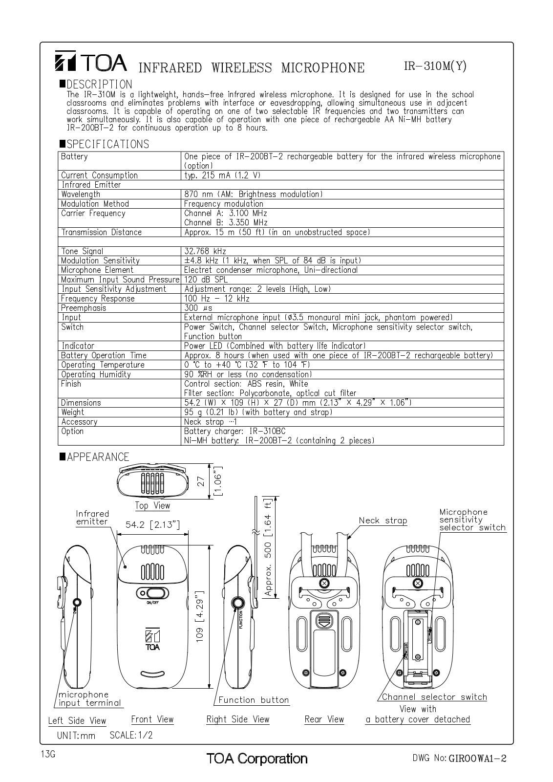 TOA IR-310M-Y User Manual