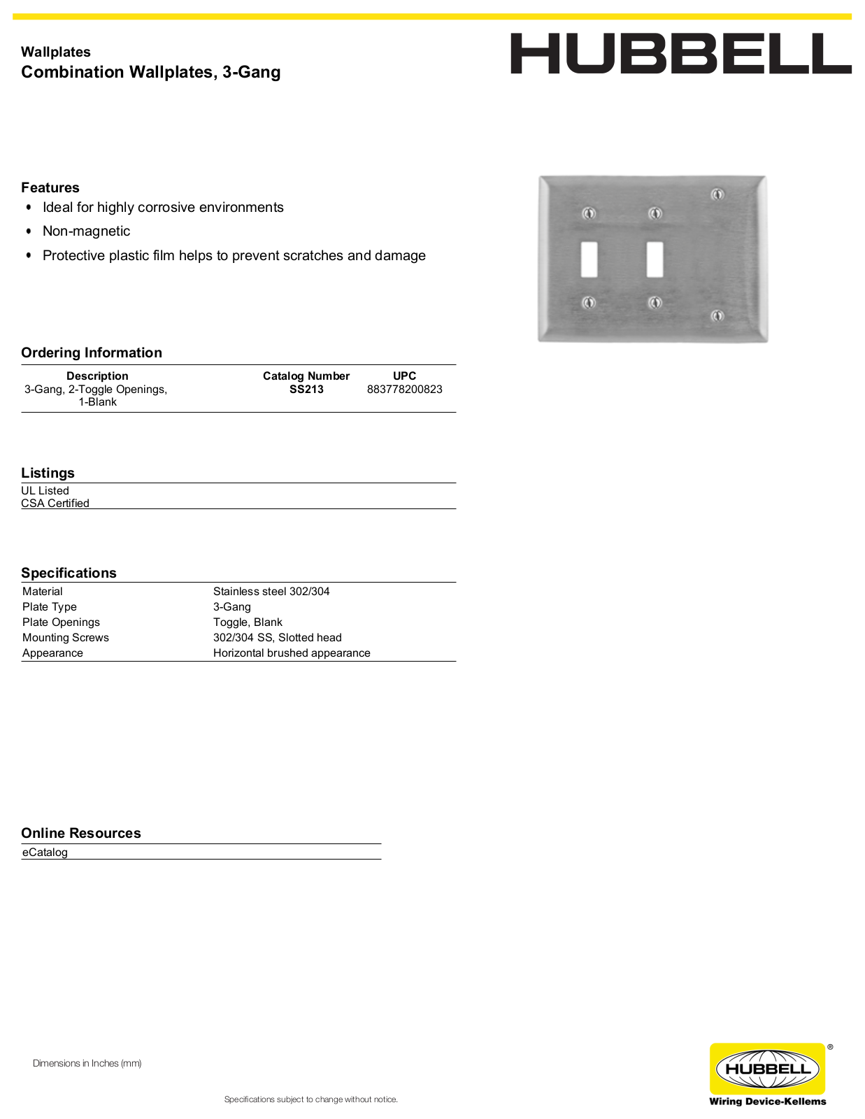 Hubbell SS213 Specifications