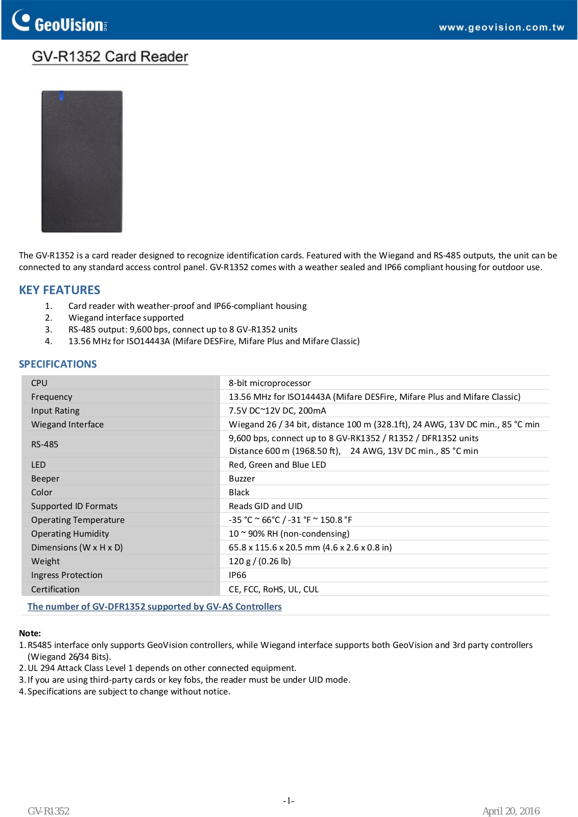 Geovision GV-R1352-card-reader Specsheet