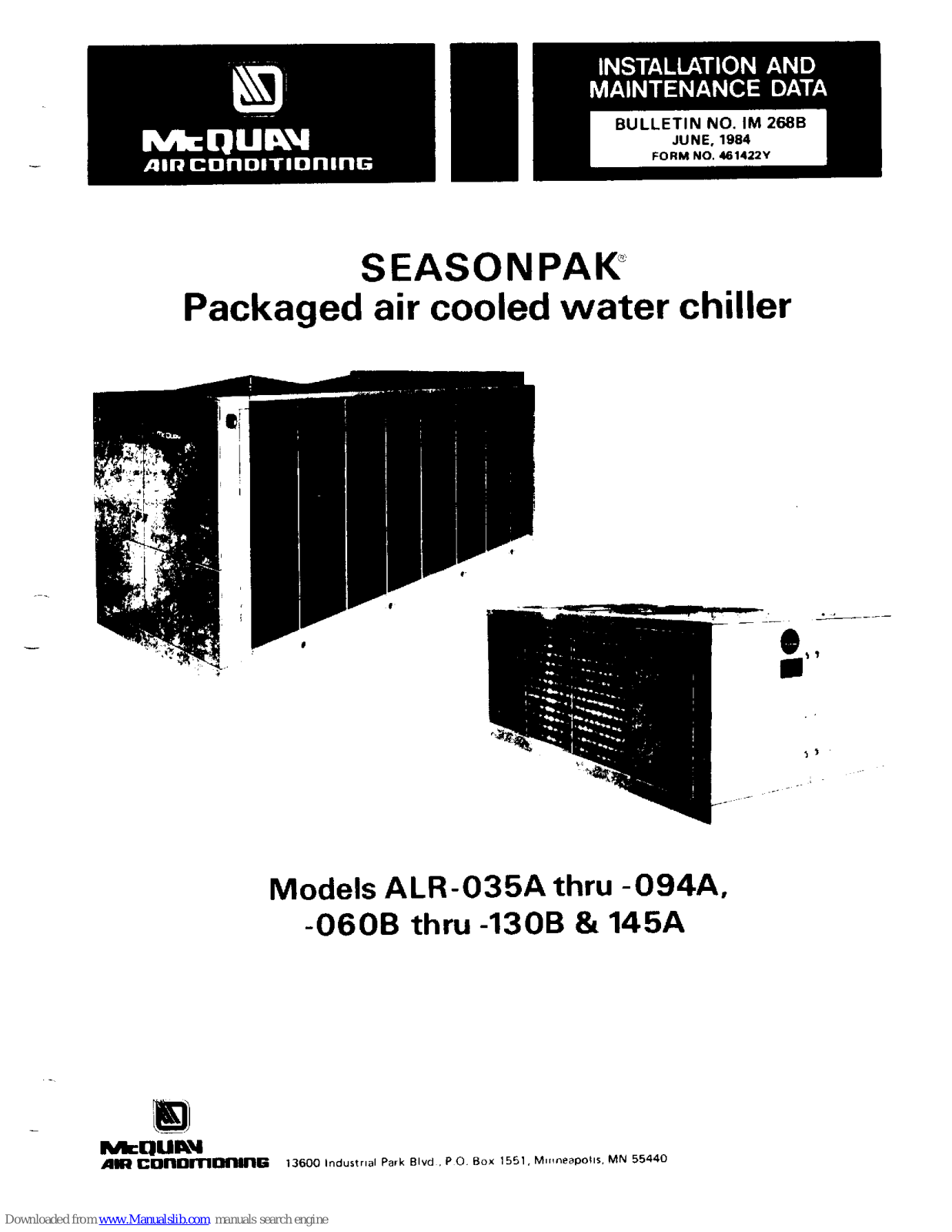 McQuay ALR-035A, ALR-094A, ALR-060B, ALR-130B, ALR-145A Maintenance Manual