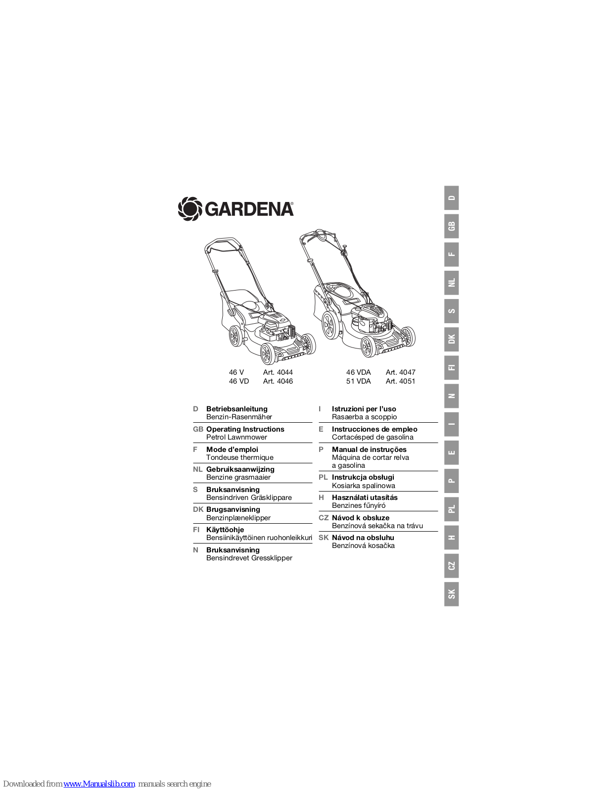 Gardena 46 V 4044, 46 VD 4046, 46 VDA 4047, 51 VDA 4051, 46 V Operating Instructions Manual