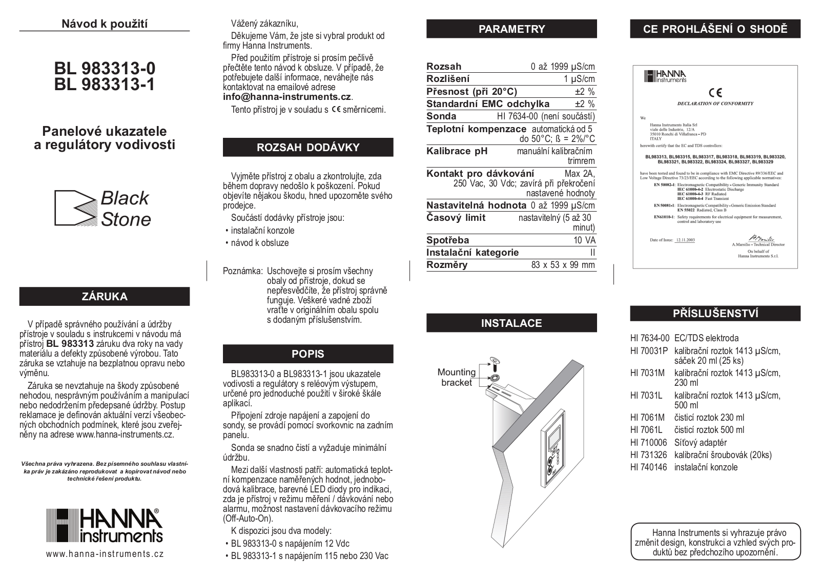 Hanna Instruments BL 983313-0, BL 983313-1 User guide