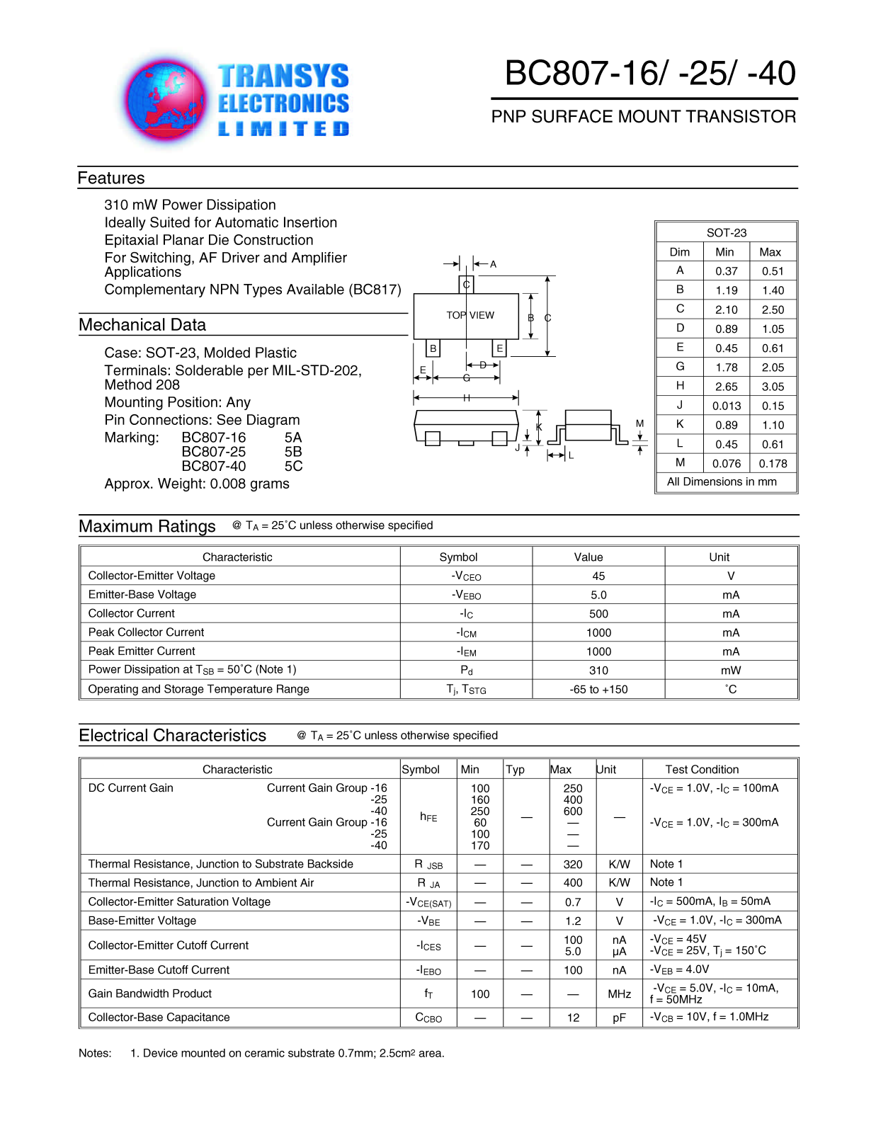 TRANSYS BC807-40, BC807-16, BC807-25 Datasheet