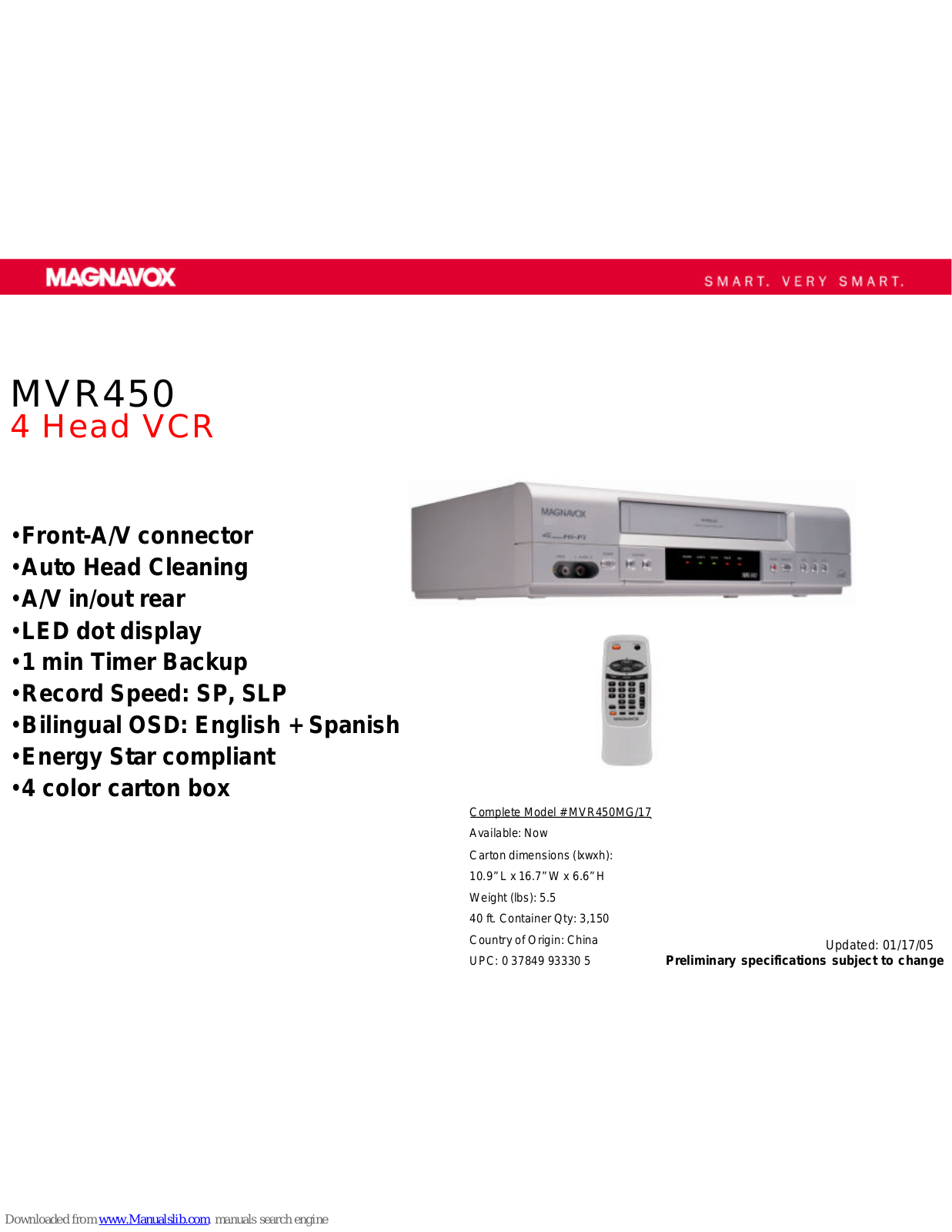 Magnavox MVR450, MVR450MG, MVR450MG/17 Specifications