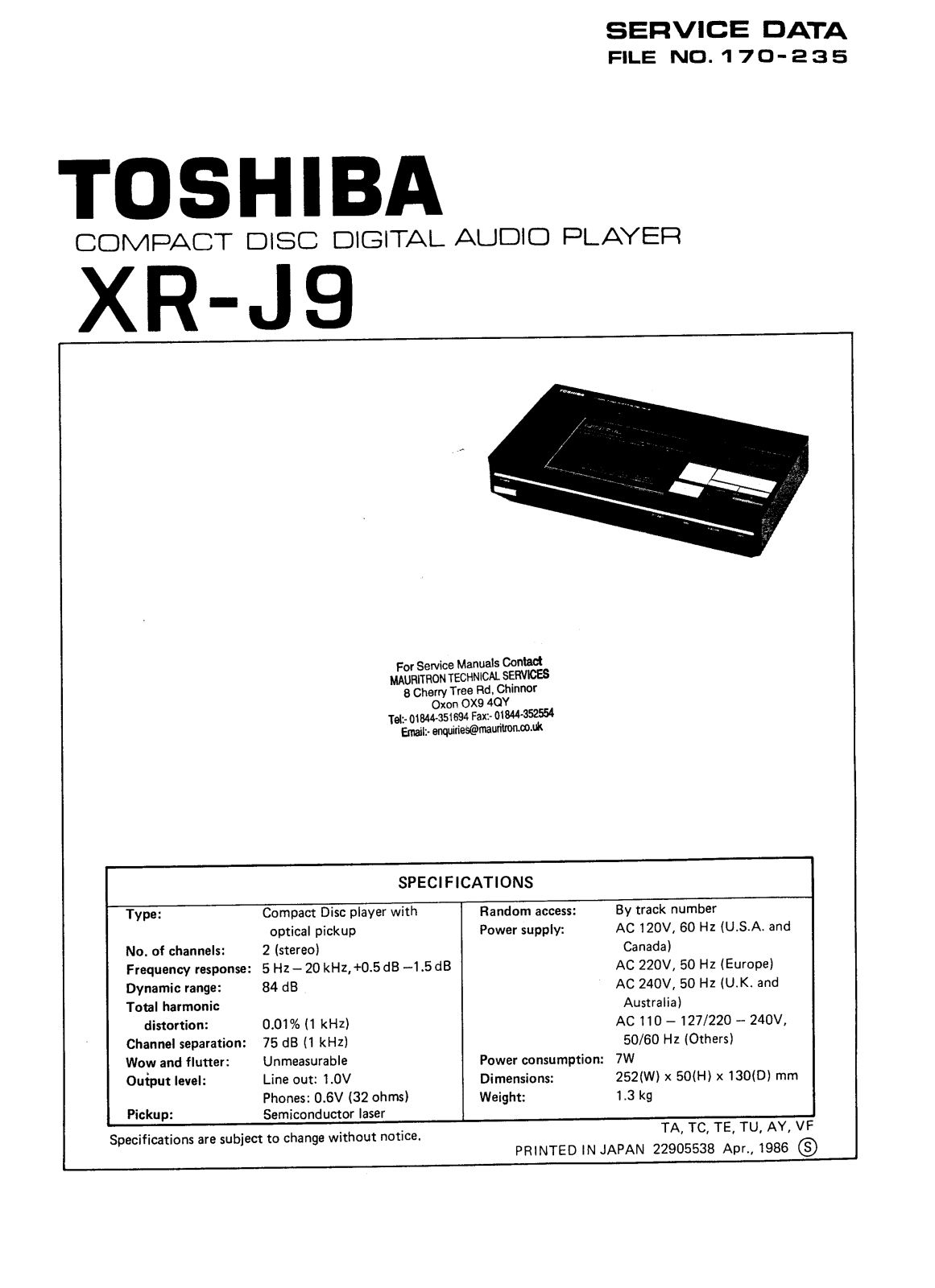 Toshiba XR-J-9 Service manual