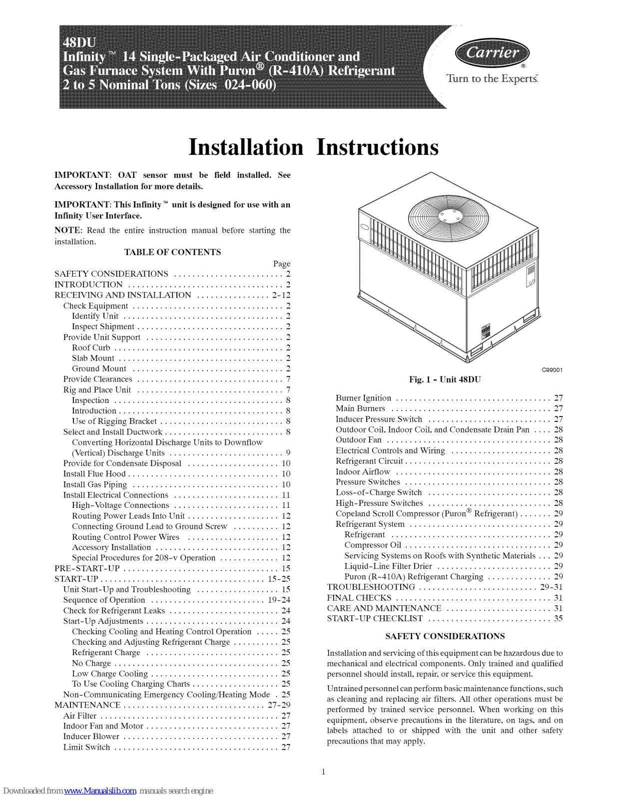 Carrier Infinity 48DU-030, Infinity 48DU-024, Infinity 48DU-036, Infinity 48DU-042, Infinity 48DU-048 Installation Instruction - ManualMachine.com