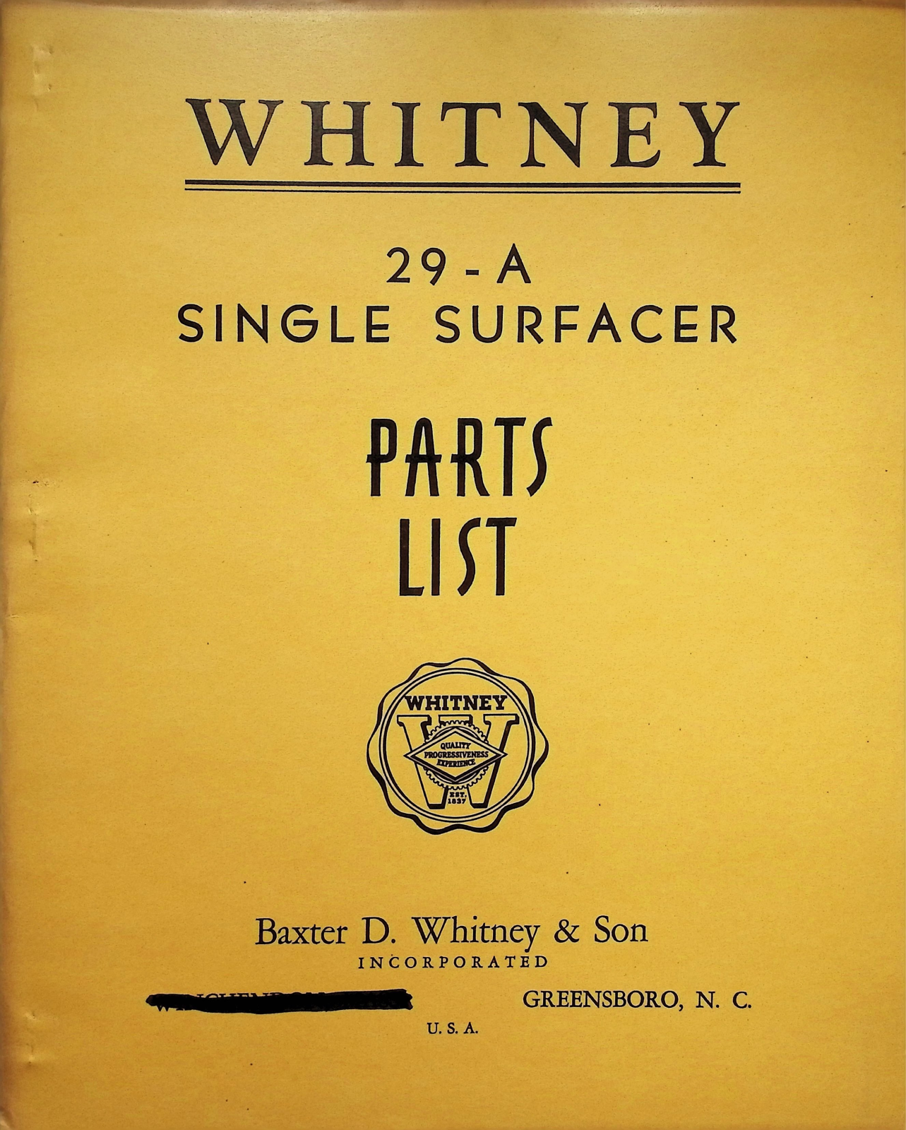 Baxter D. Whitney & Son Whitney 29-A Single Surfacer Parts List Planers - ManualMachine.com