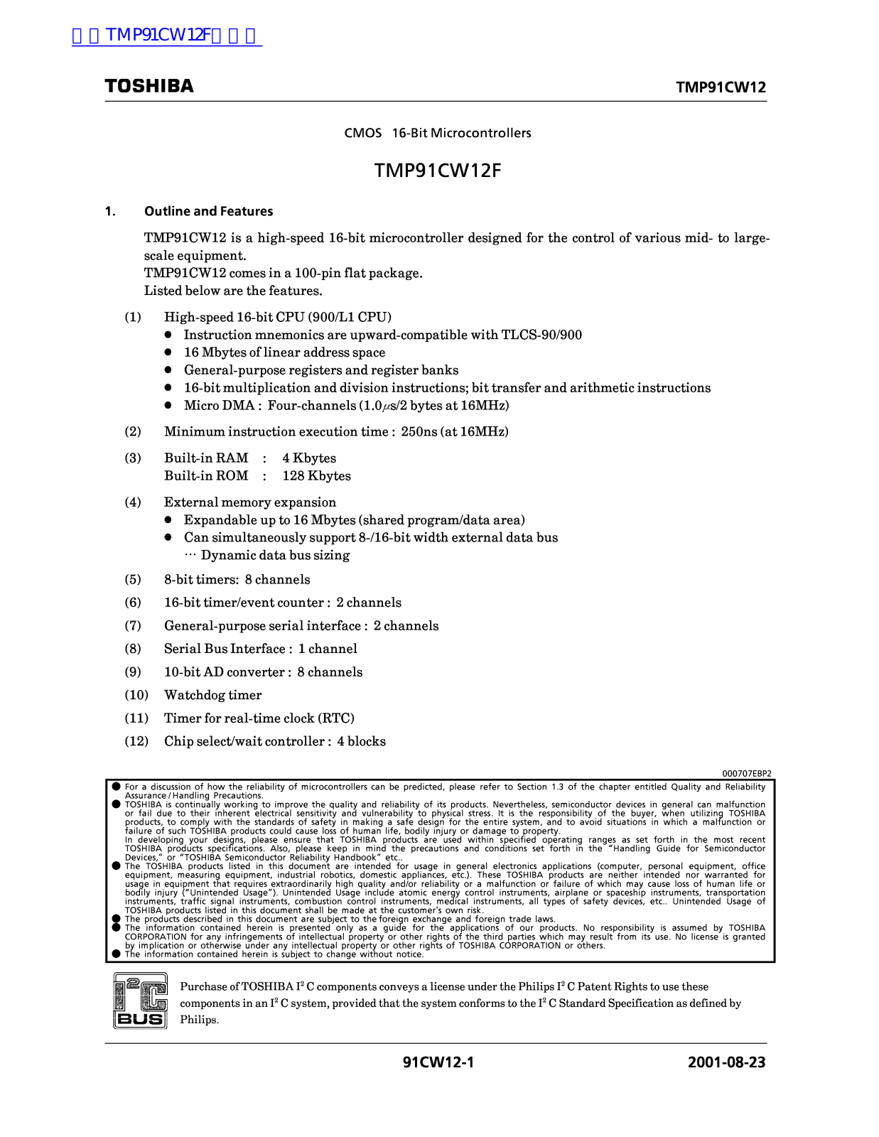 TOSHIBA TMP91CW12 Technical data