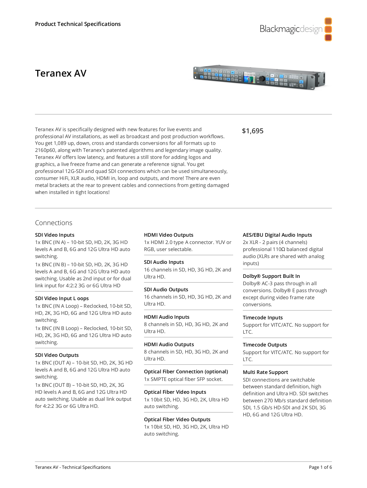 Blackmagic Design Teranex AV Specifications