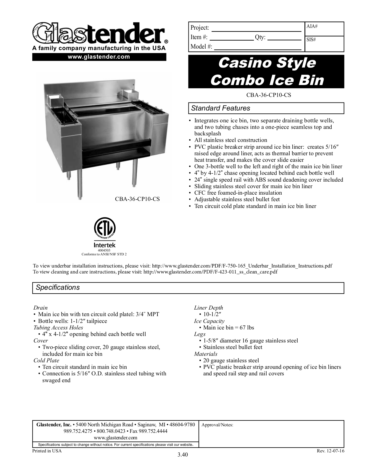 Glastender CBA-36-CP10-CS User Manual