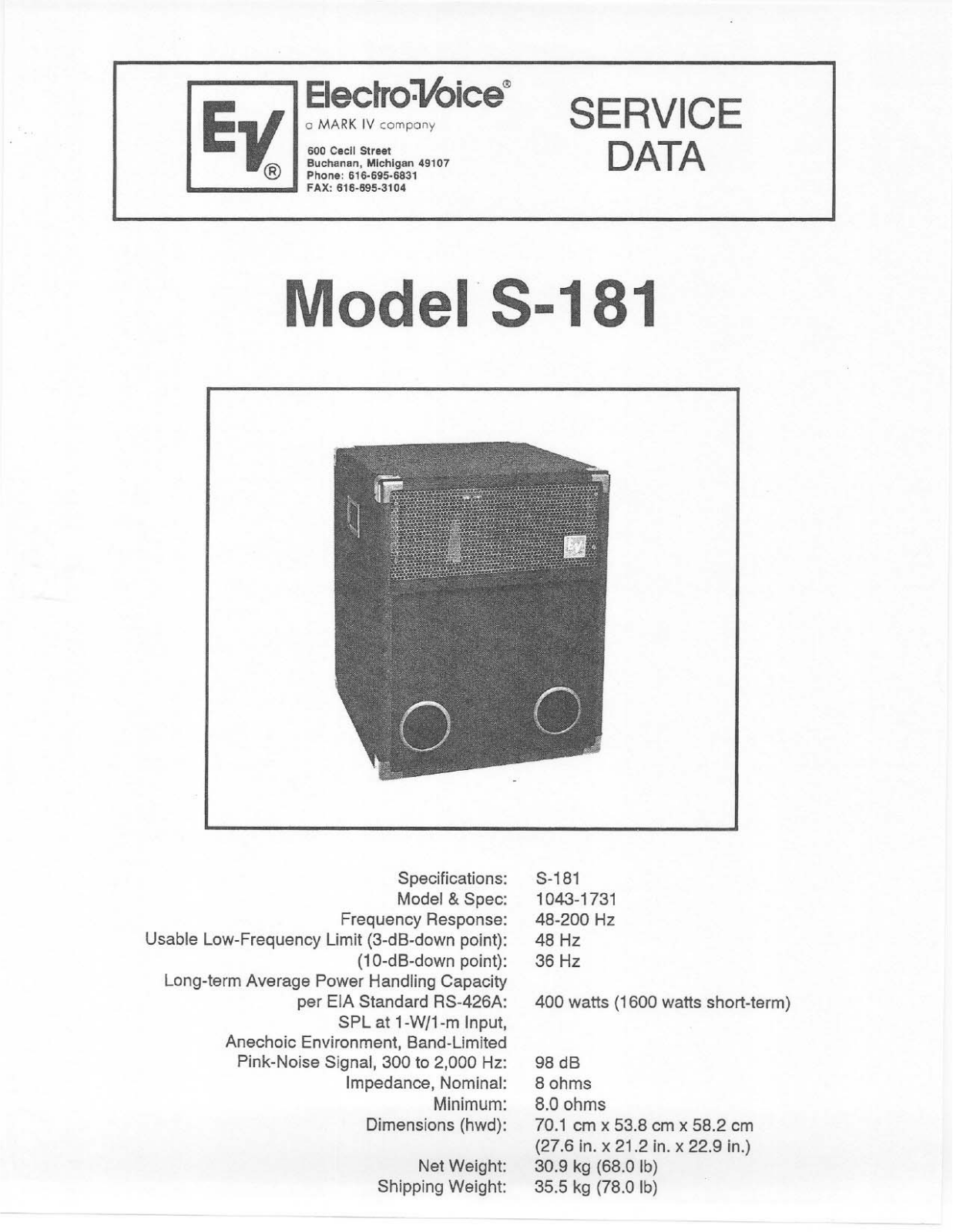 Electro-Voice S-181 User Manual