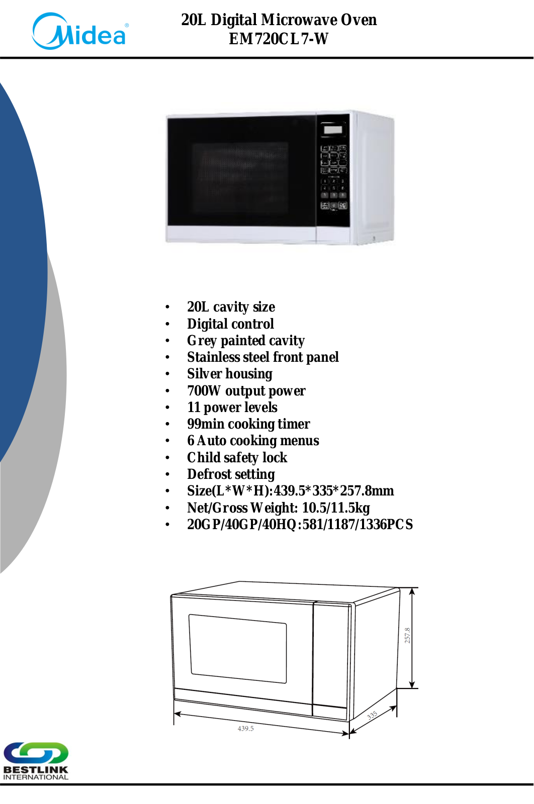 Midea EM720CL7/W Specifications Sheet