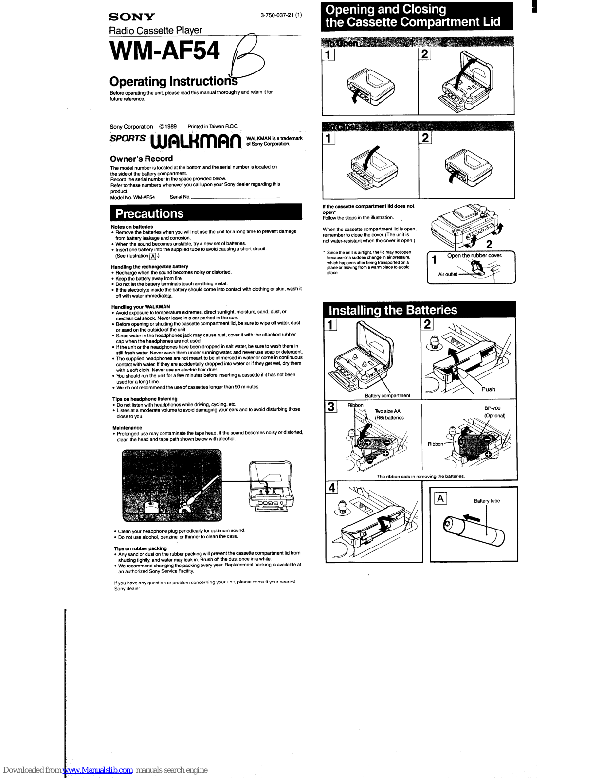 Sony Walkman WM-AF54 Operating Instructions Manual