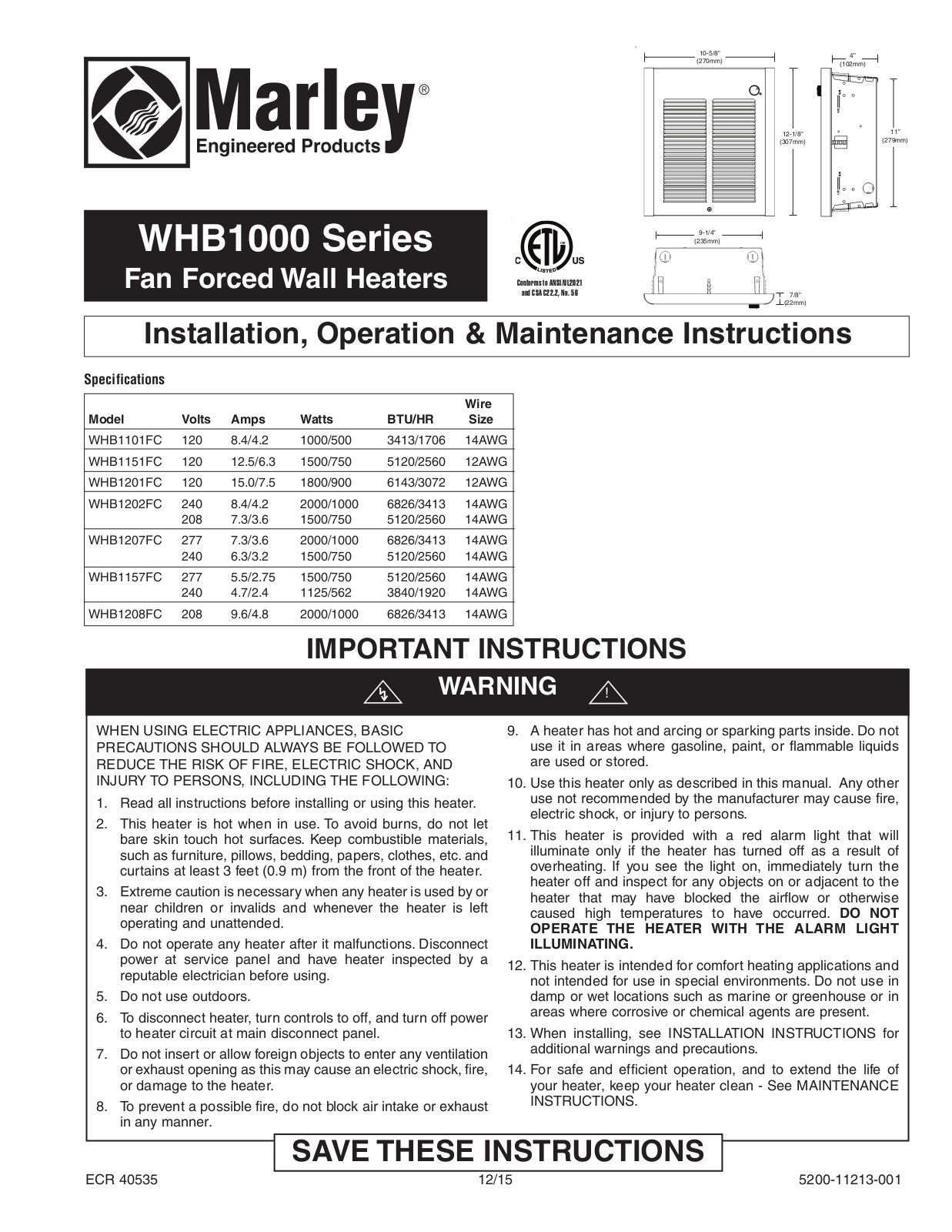 Marley WHB1101FC, WHB1151FC, WHB1201FC, WHB1202FC, WHB1157FC User Manual