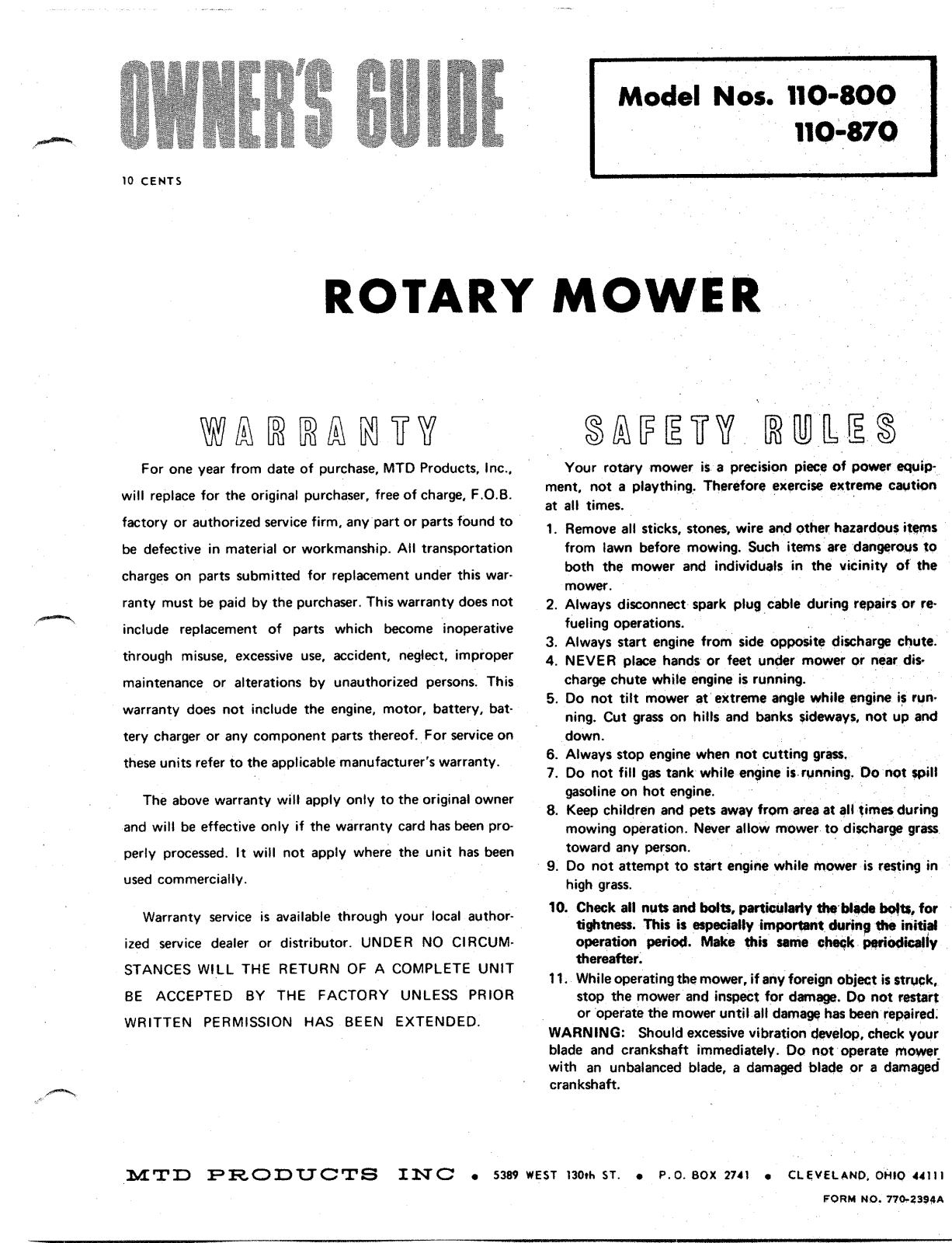 MTD 110-800 User Manual