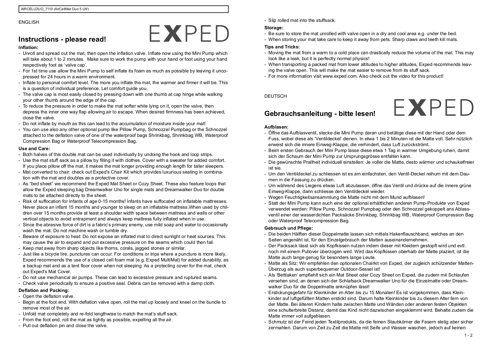 Exped AirMat HL MW, SynMat UL Lite M, AirMat HL LW, DownMat Lite 5 M, DownMat Lite 5 LW Instructions Manual - ManualMachine.com