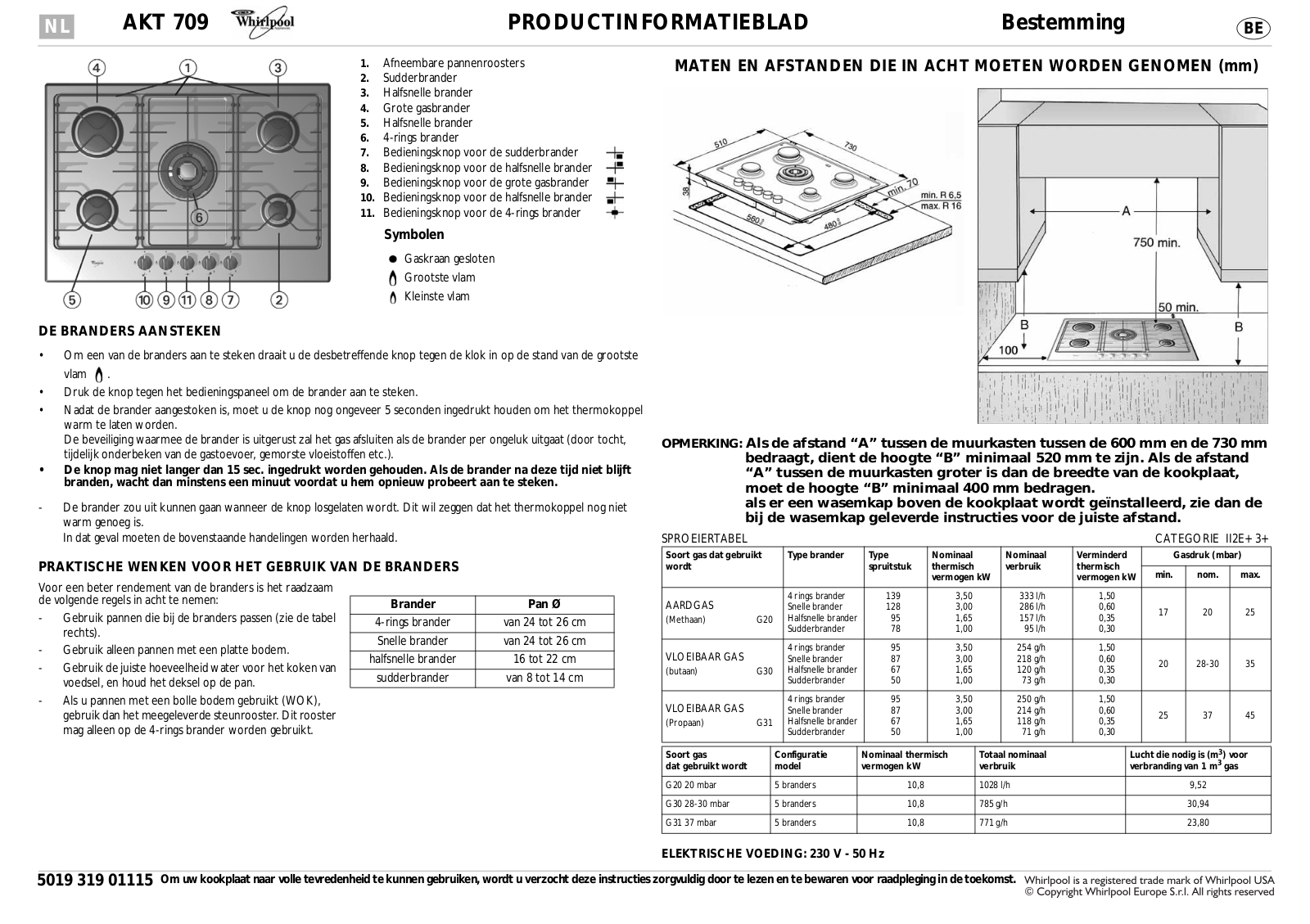 Whirlpool AKT 709/IX PROGRAM CHART