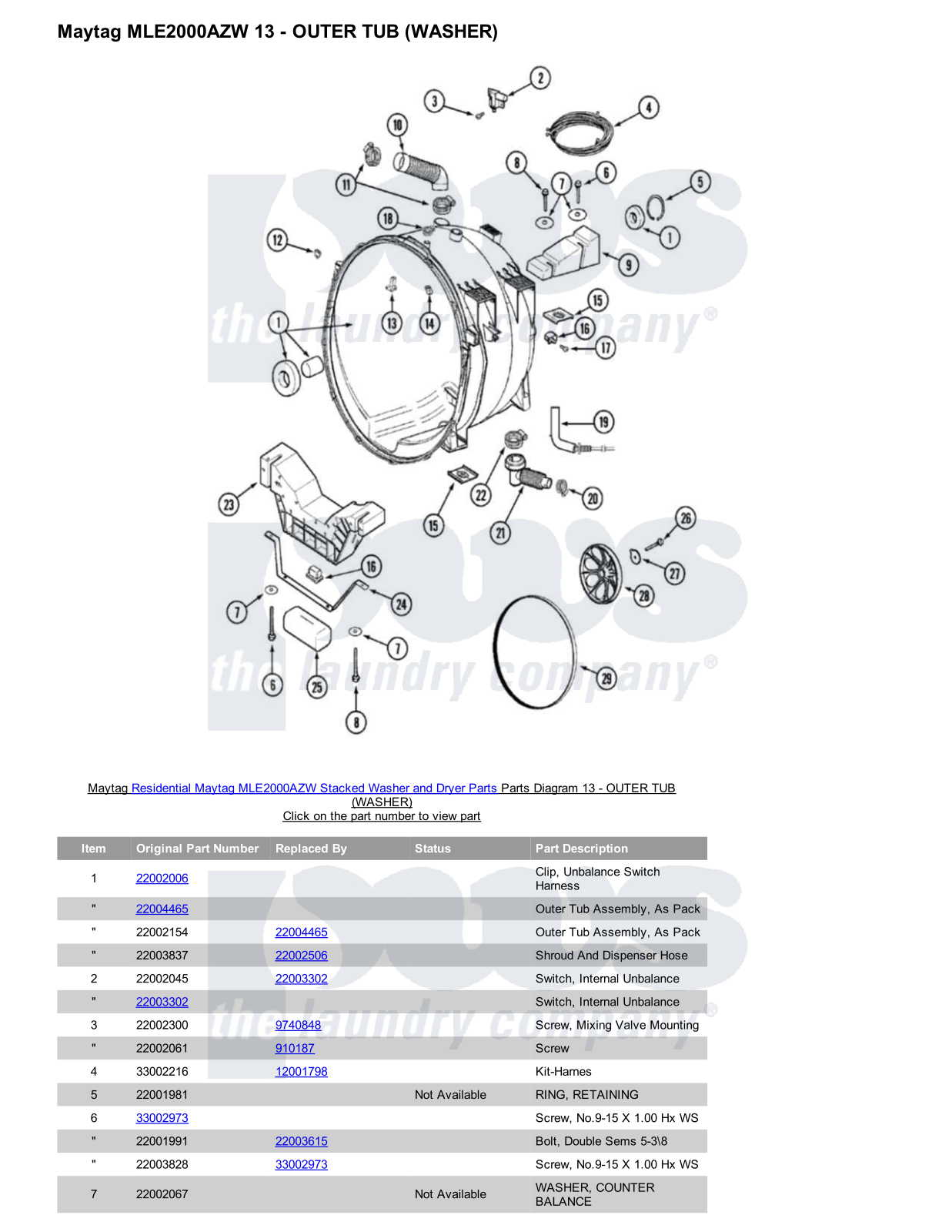 Maytag MLE2000AZW Stacked and Parts Diagram