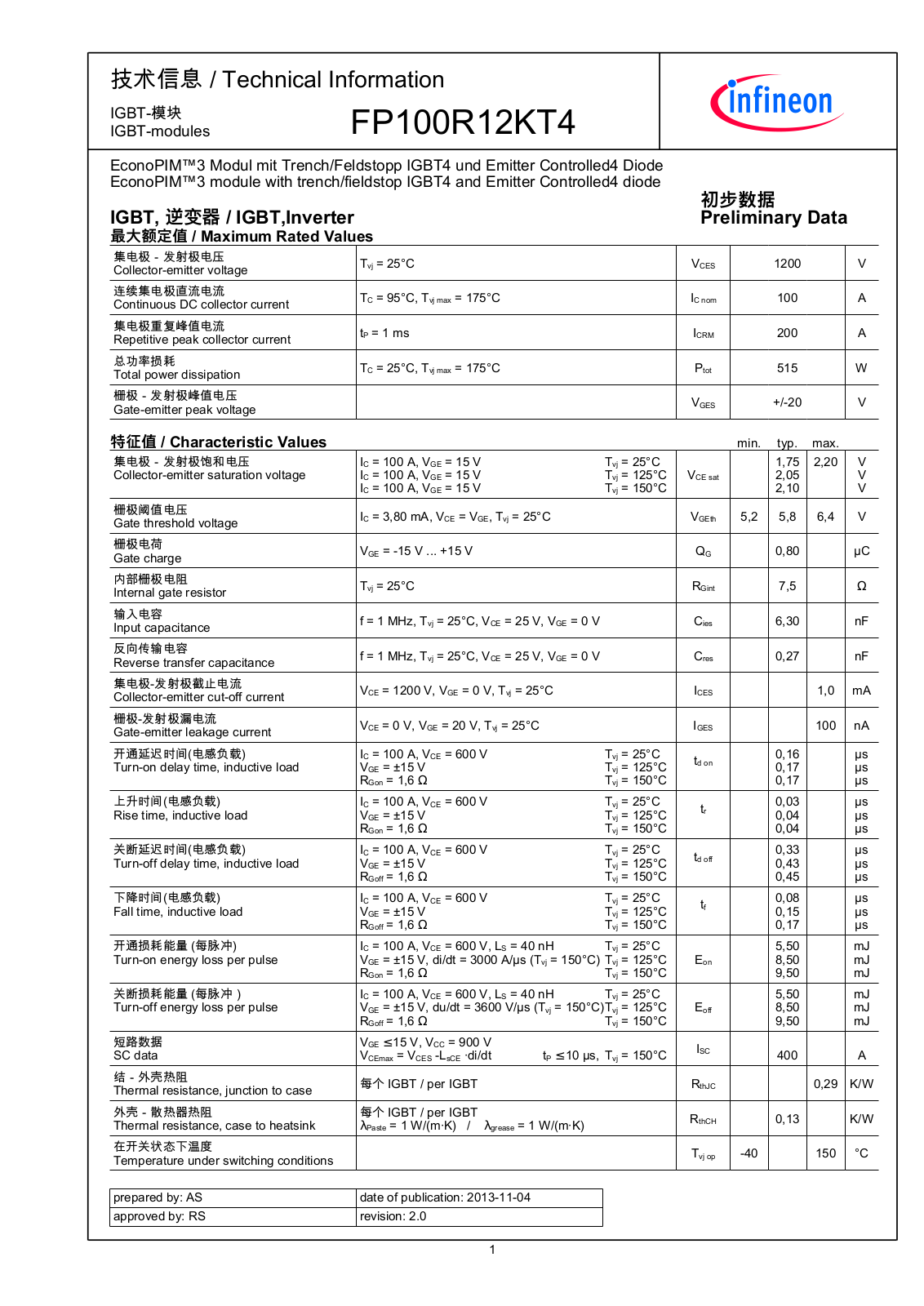 Infineon FP100R12KT4 Data Sheet