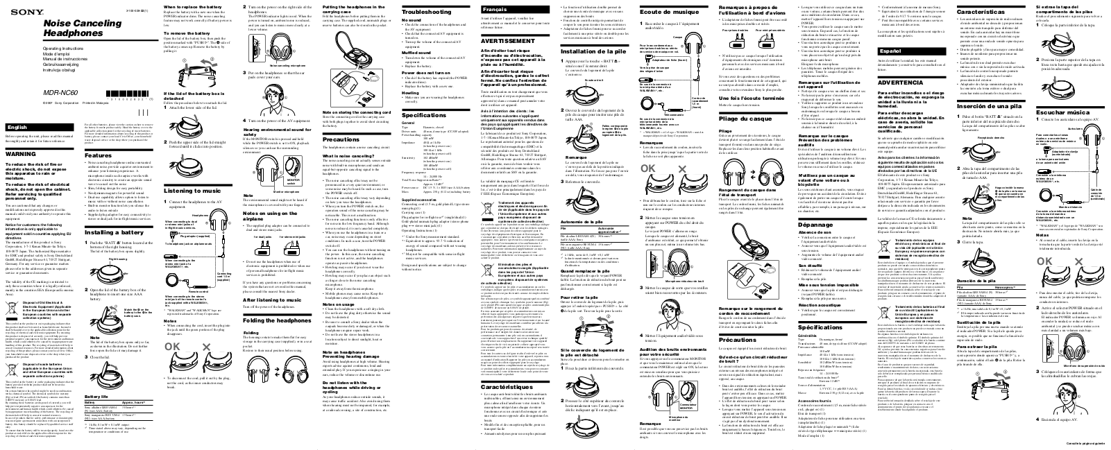 Sony MDR-NC60 Operating Manual