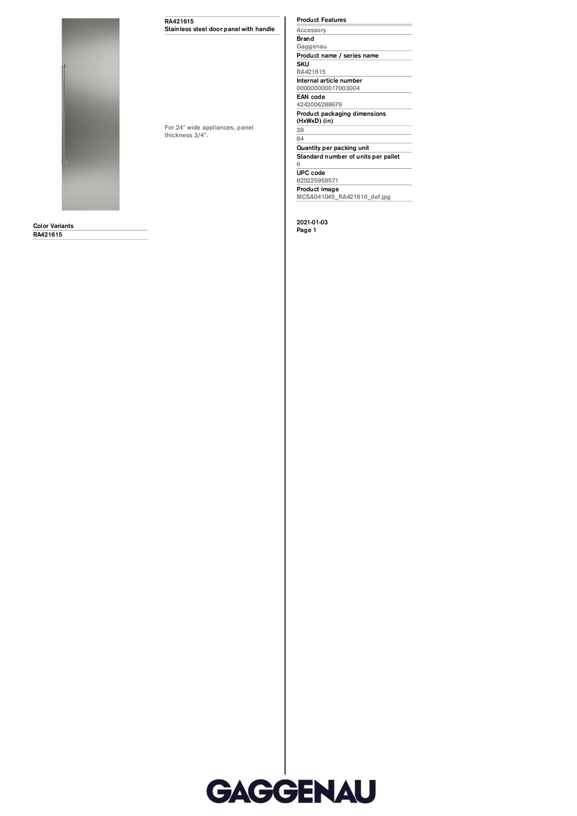 Gaggenau RA421615 Specification Sheet