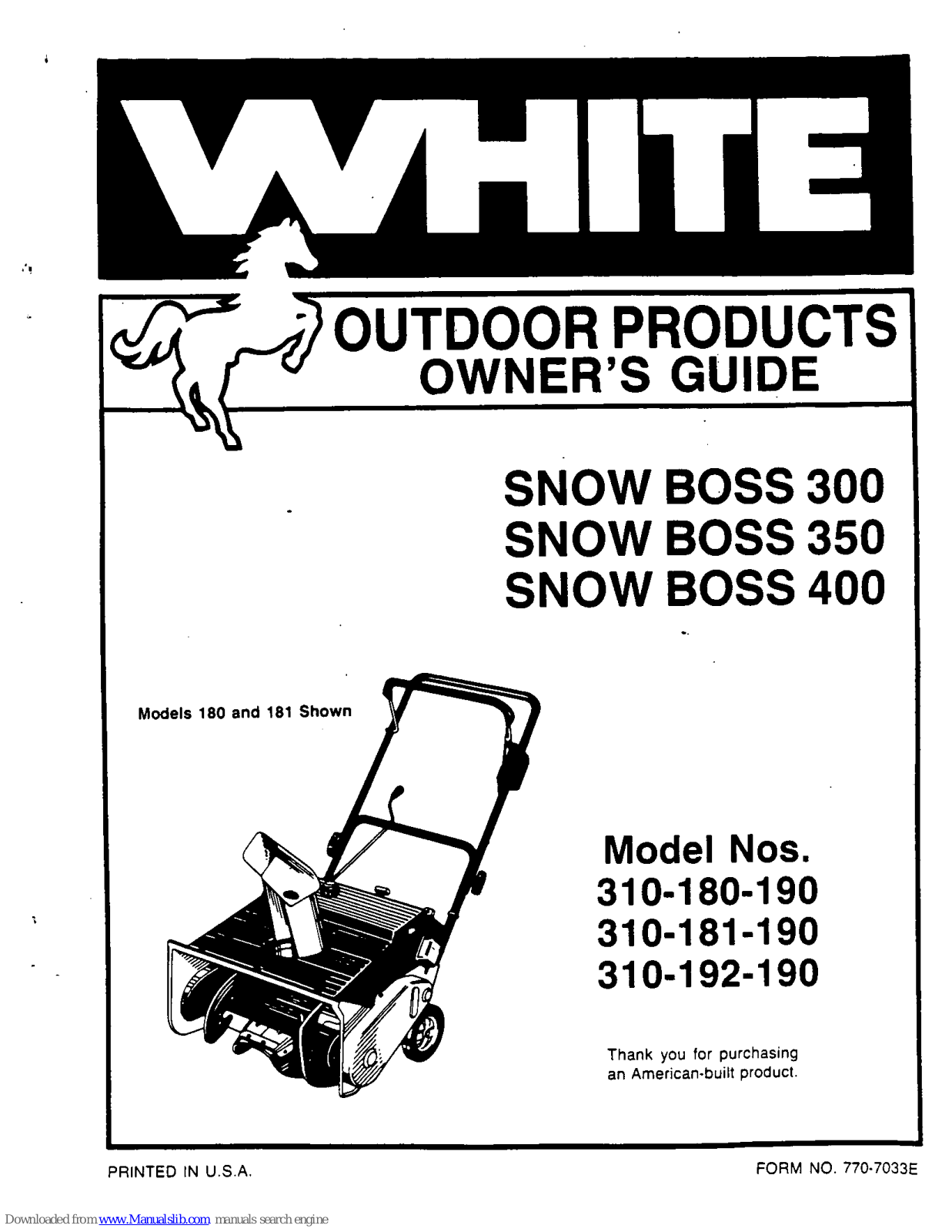 White Outdoor 310-180-190, 310-181-190, 310-192-190 Owner's Manual