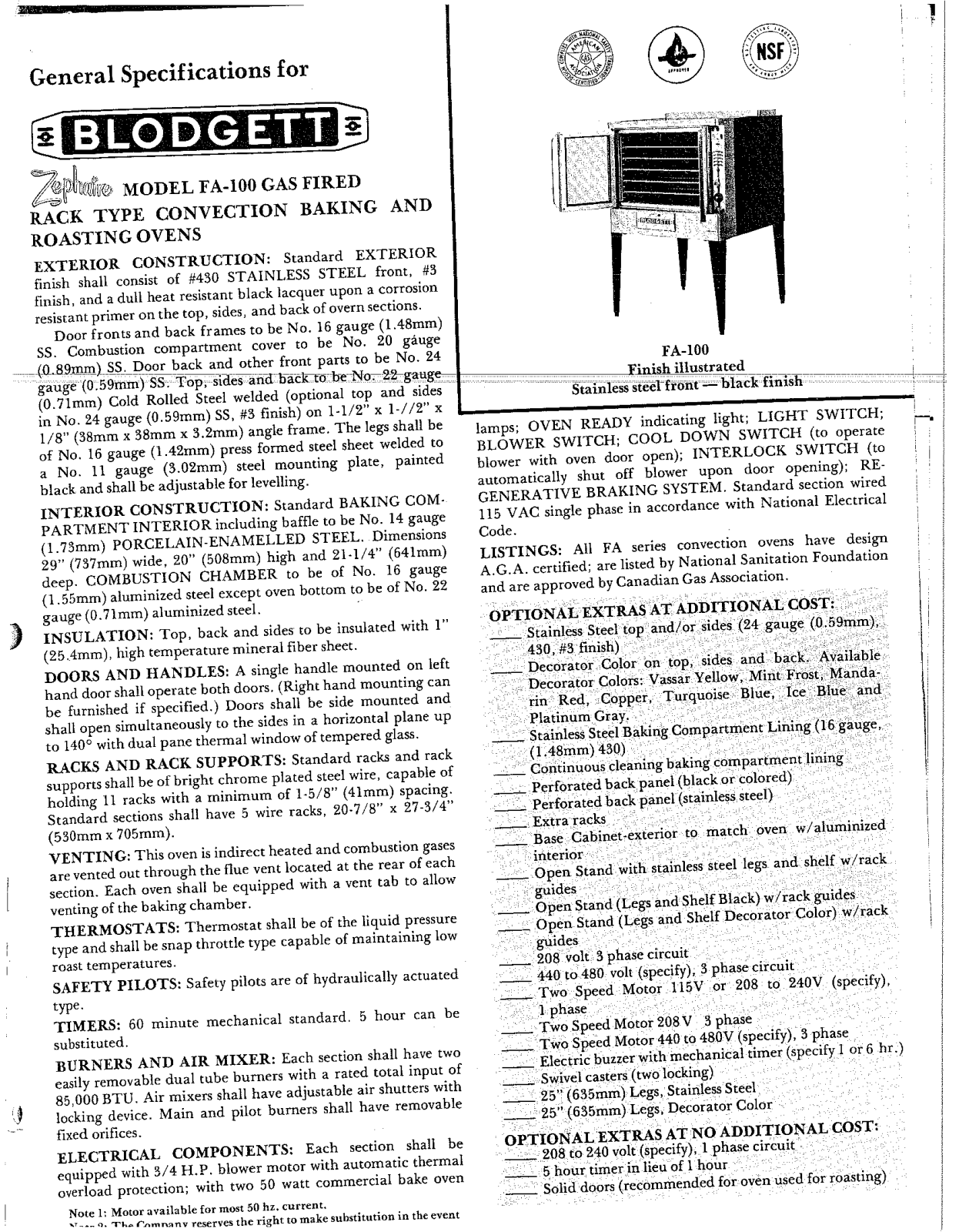 Blodgett FA Specifications