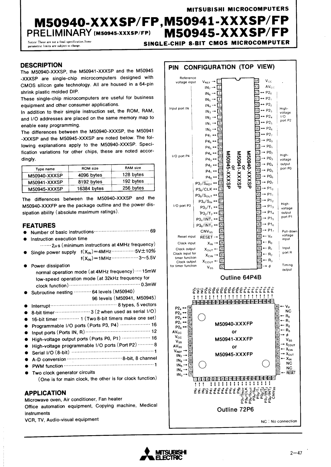 Mitsubishi M50945-XXXSP, M50945-XXXFP, M50941-XXXSP, M50941-XXXFP, M50940-XXXSP Datasheet