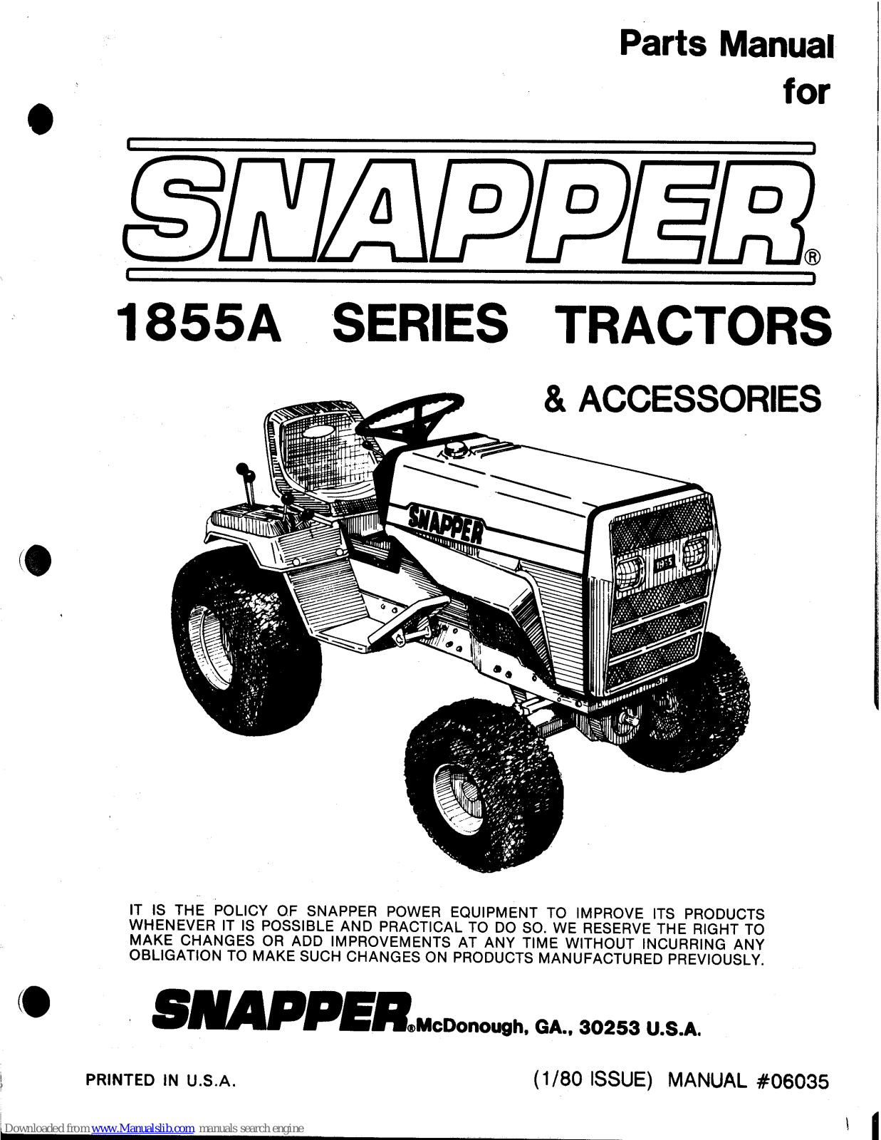 Snapper 1855A Series Parts Manual