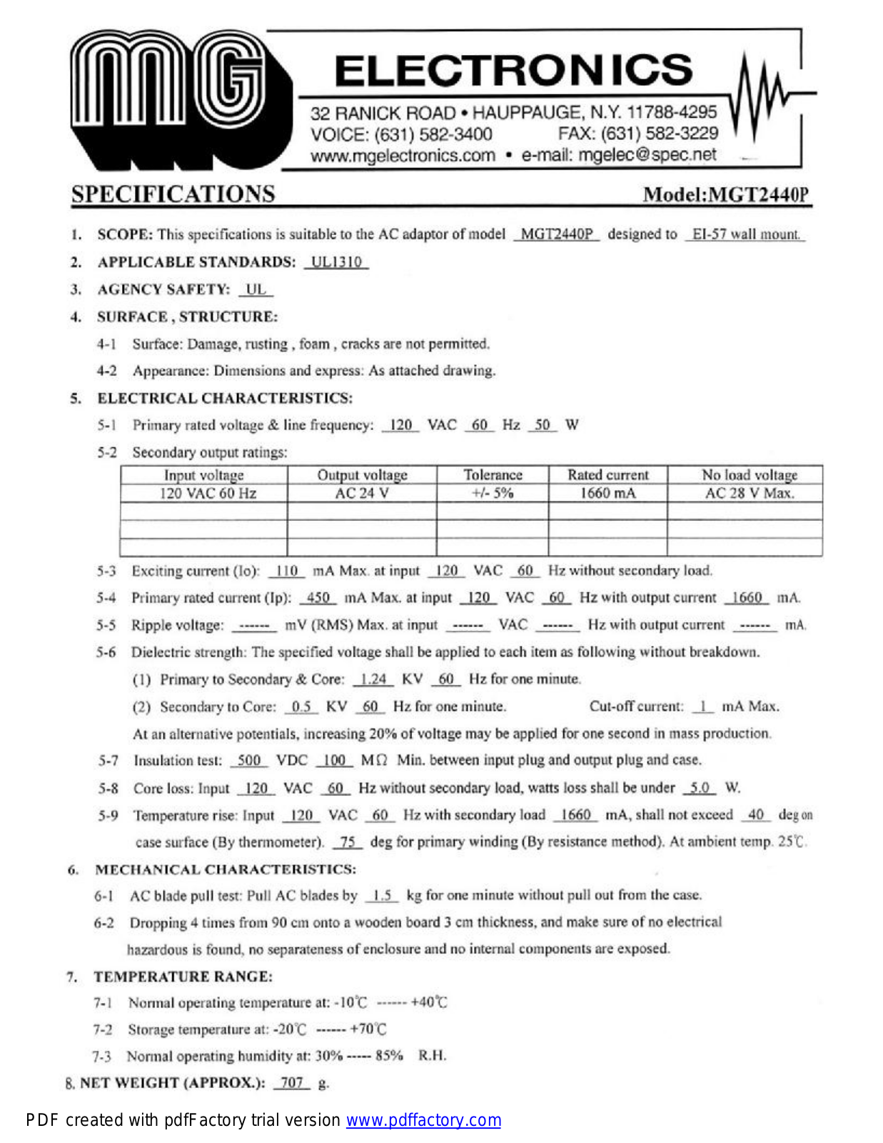 MG Electronics MGT-2440 Specsheet