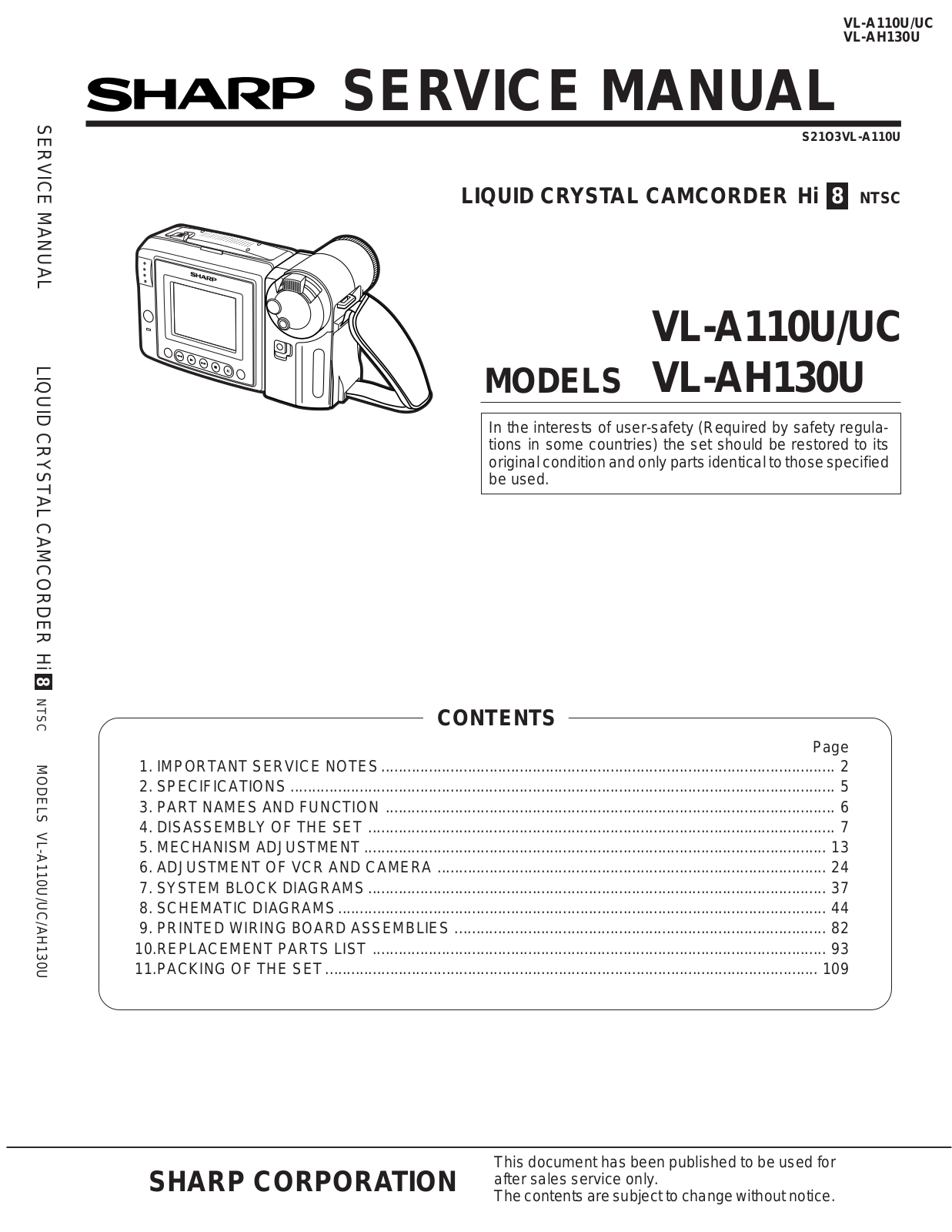 SHARP VLA110, VLA110U, VLAH130U Service Manual