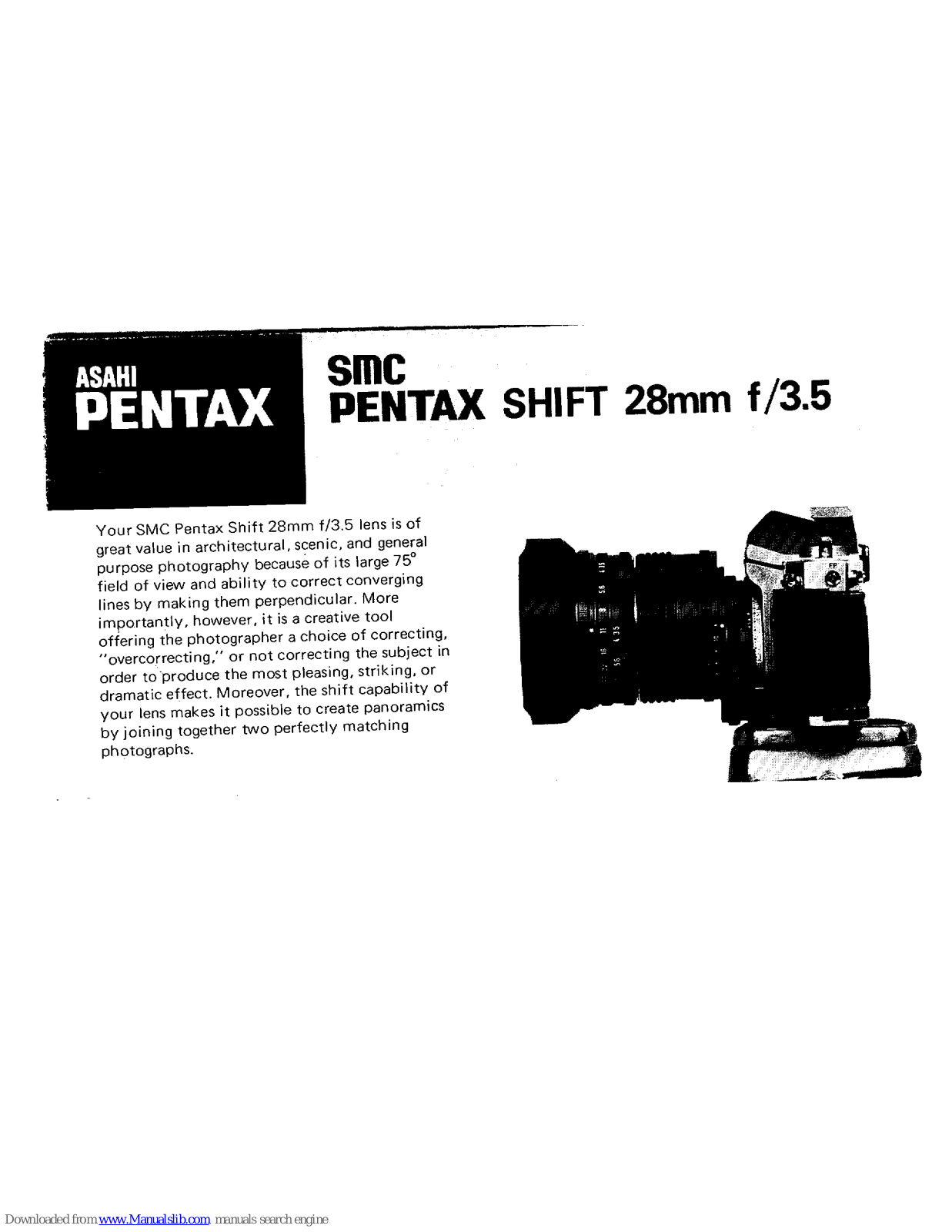 Pentax SMC Shift 28mm f/3.5 Lens, SMC Shift 28mm f/3.5 Operating Manual