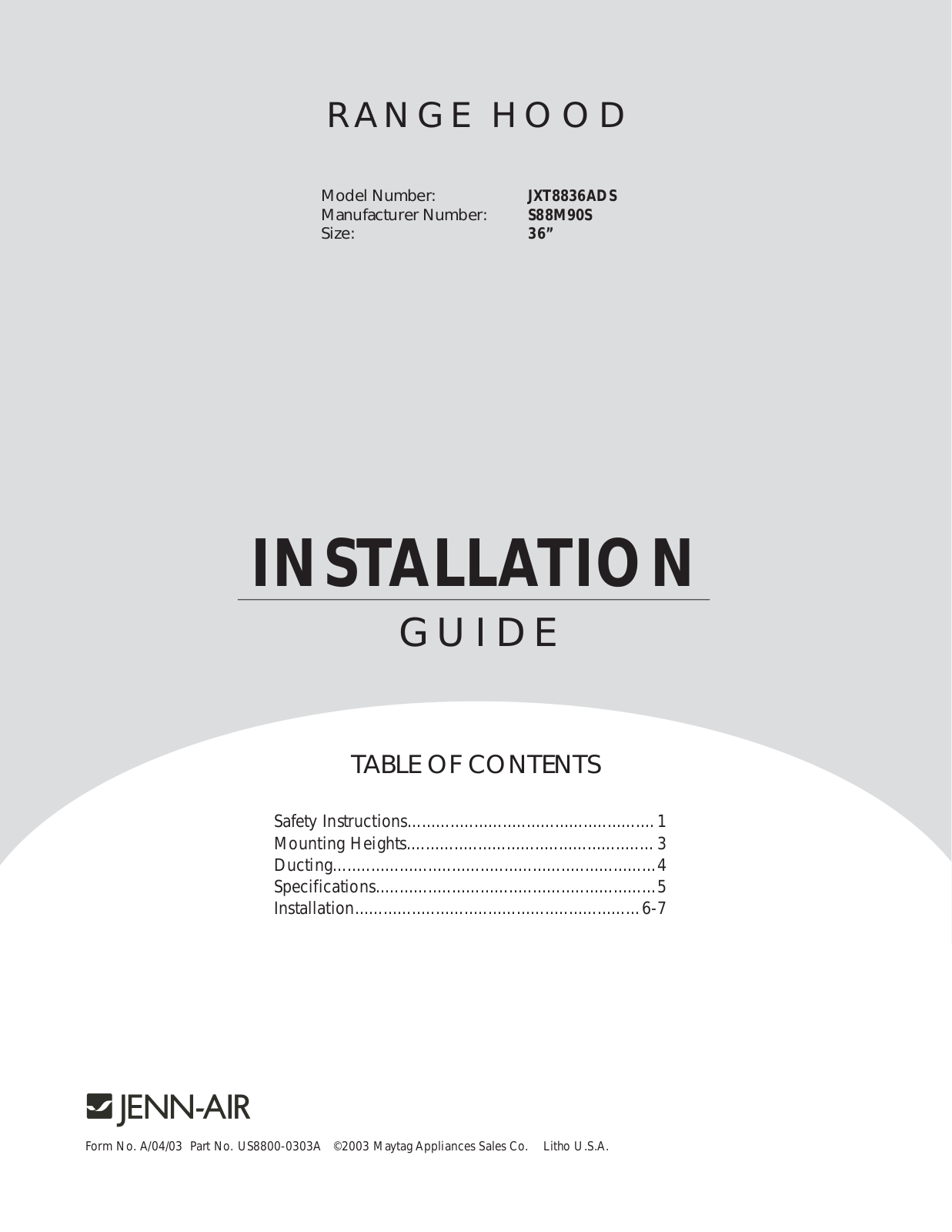 Jenn-Air JXT8836ADS Installation Instruction