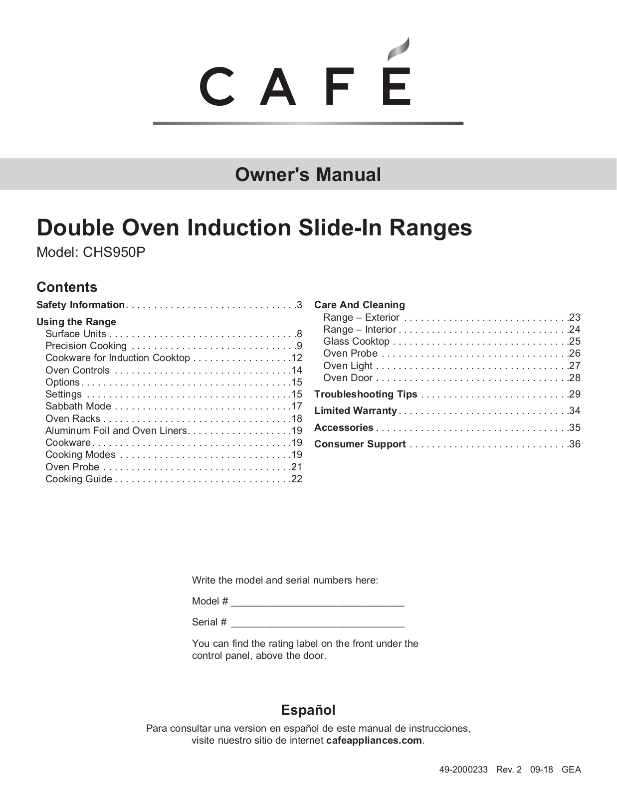 Café CCHS950P4MW2, CCHS950P3MD1 Owner's Manual