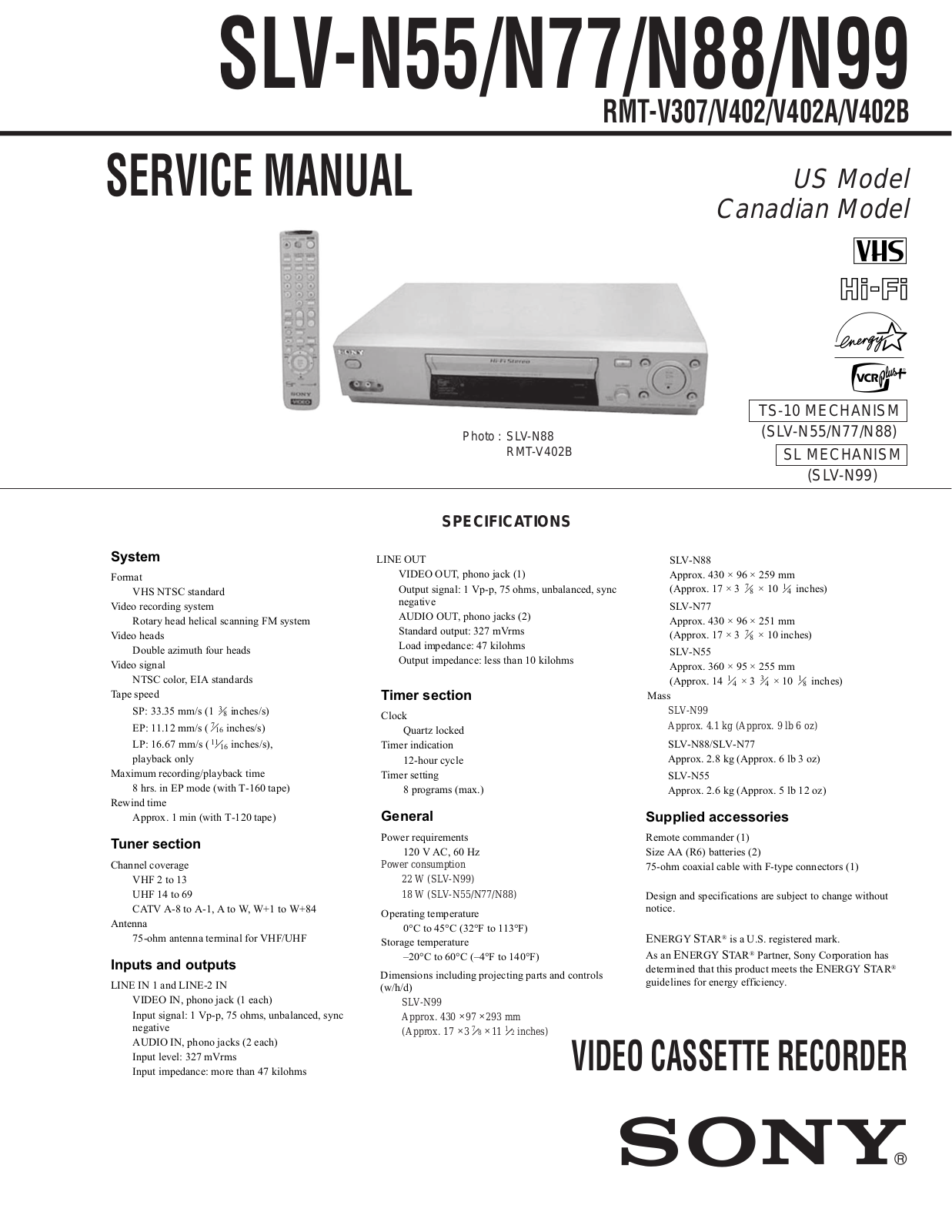 Sony SLV-N55, SLV-N77, SLV-N88, SLV-N99 Service Manual