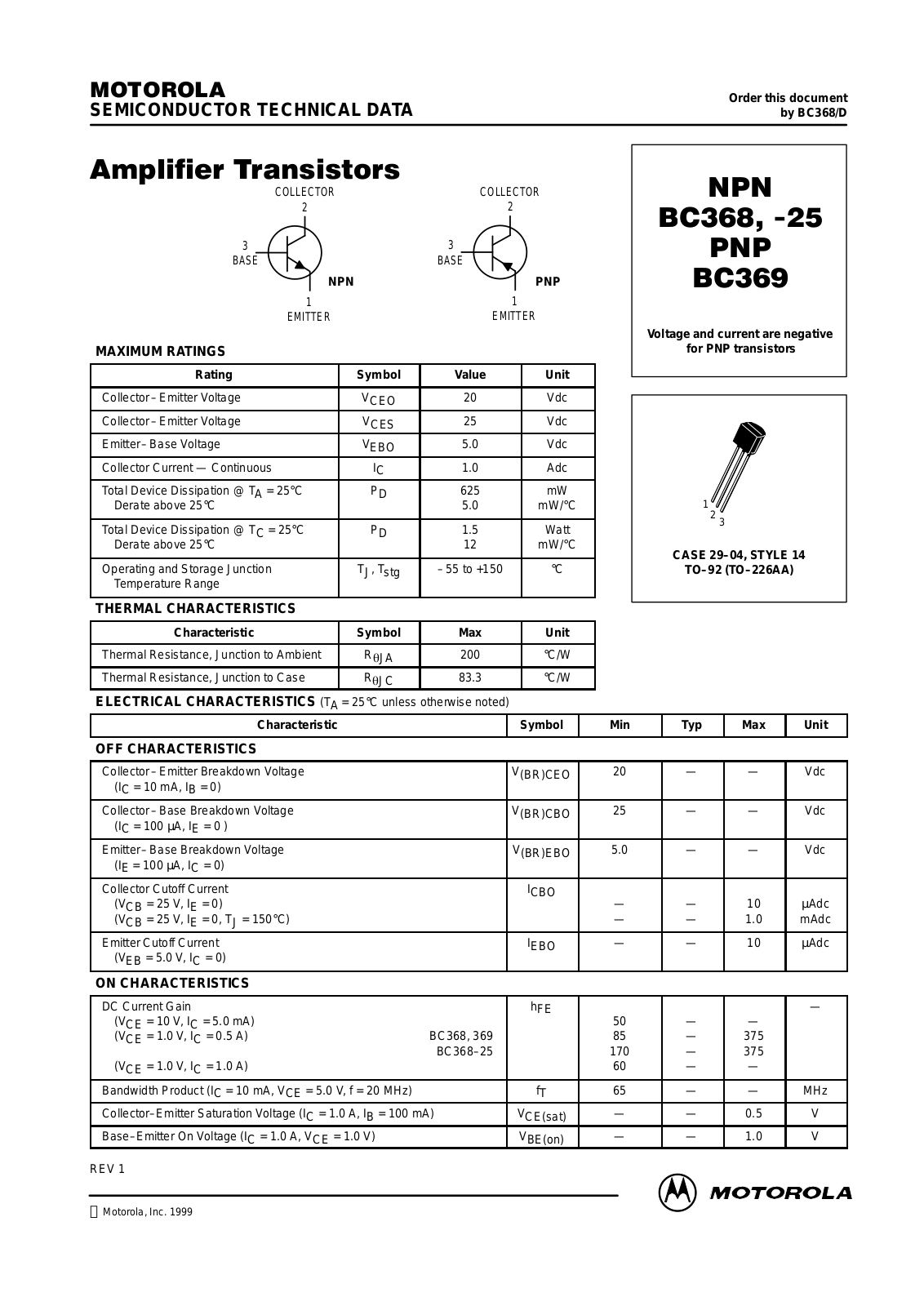 ON Semiconductor BC368, BC369ZL1, BC369, BC368ZL1, BC368-25ZL1 Datasheet