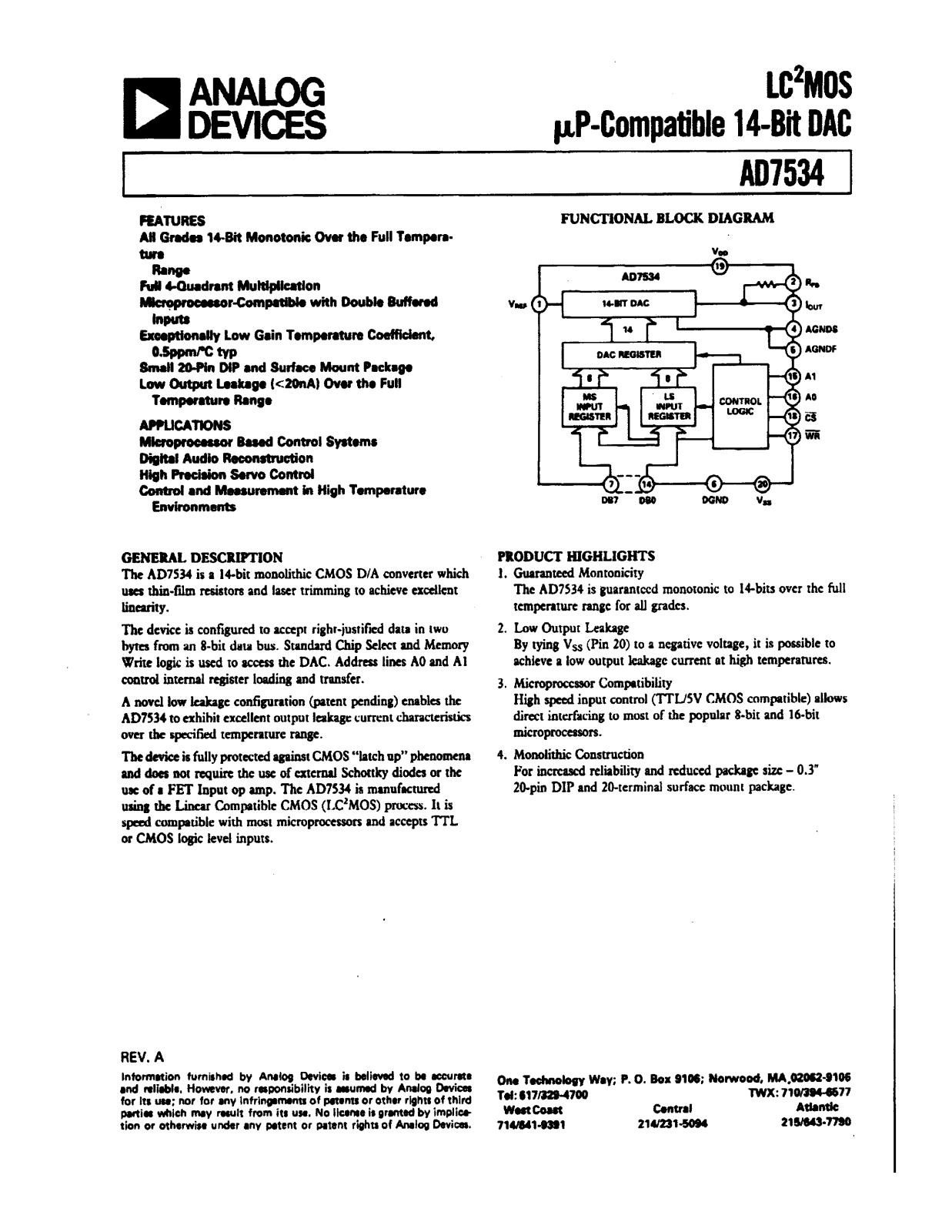 Analog Devices AD7534TQ, AD7534SQ, AD7534KP, AD7534KN, AD7534JP Datasheet