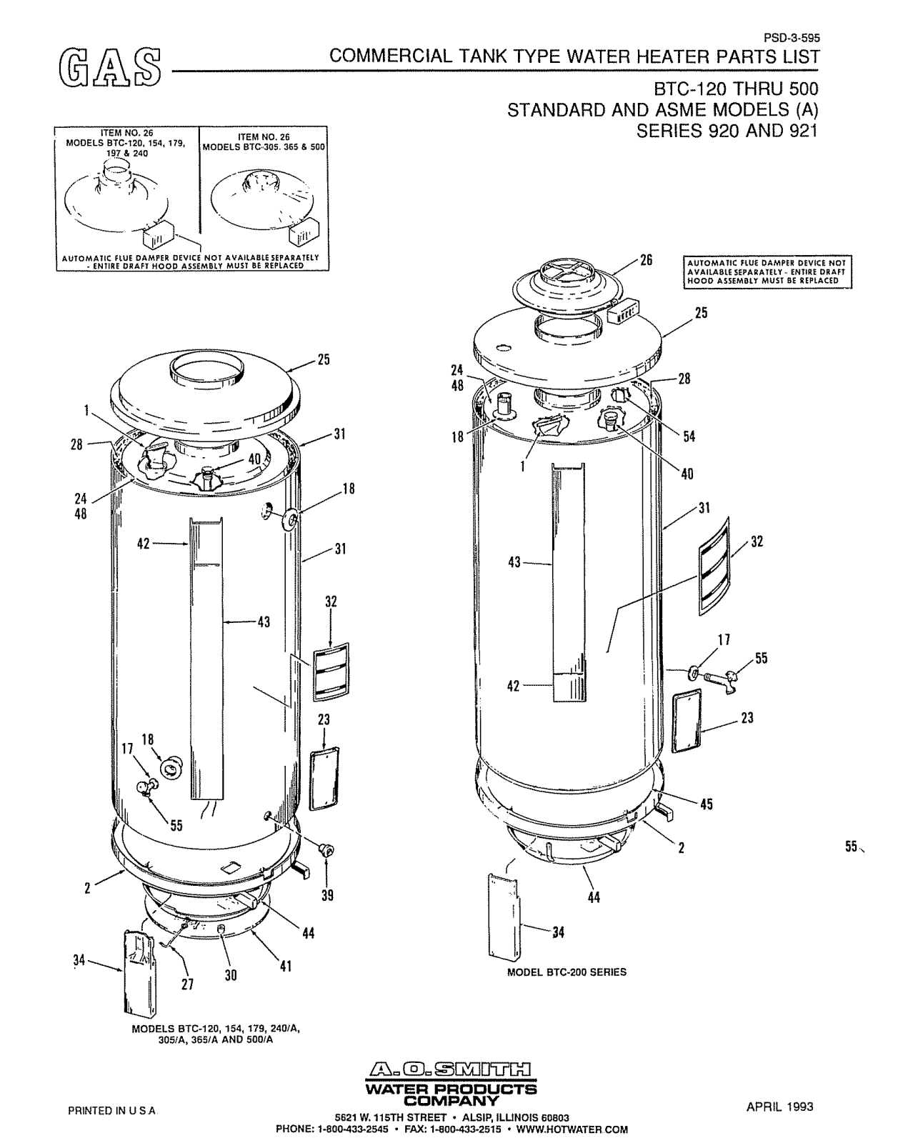 A. O. Smith BTC-120 Parts List