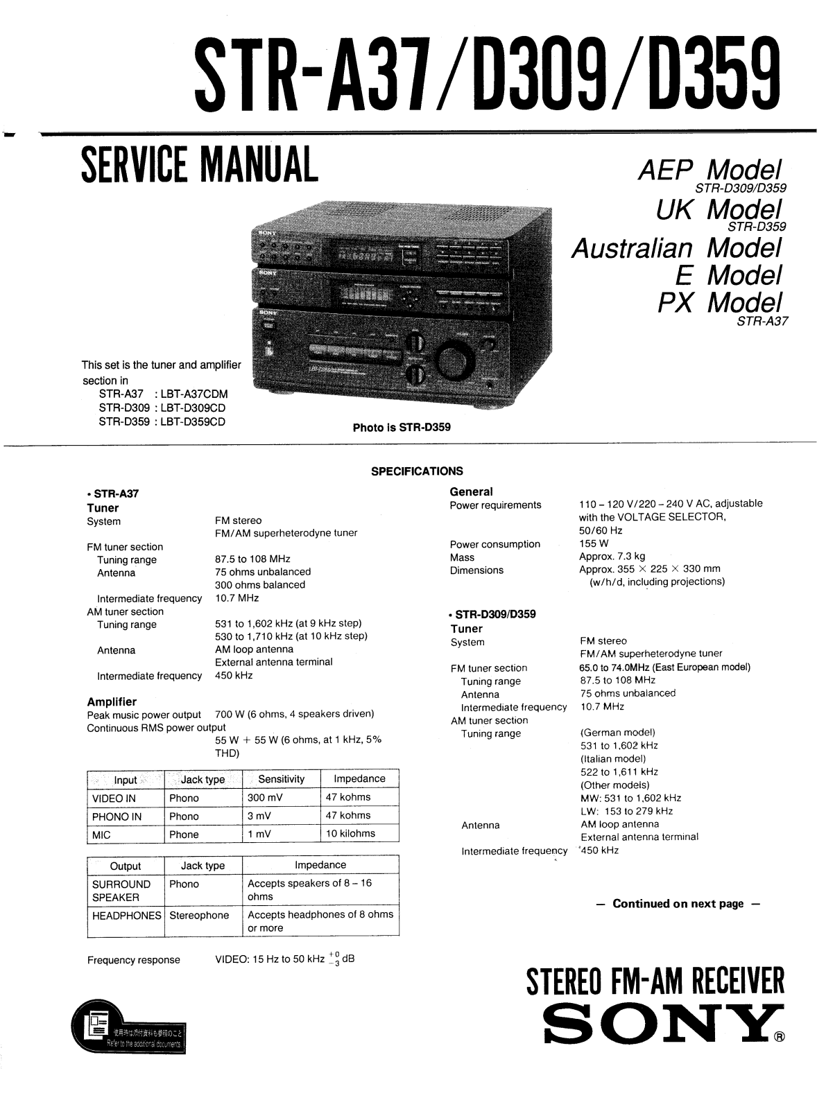 Sony STRA-37, STRD-309, STRD-359 Service manual