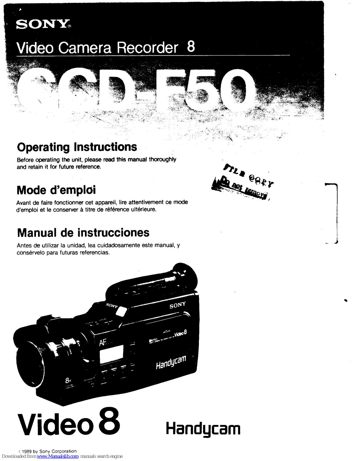 Sony Video8 Handycam CCD-F50 Operating Instructions Manual