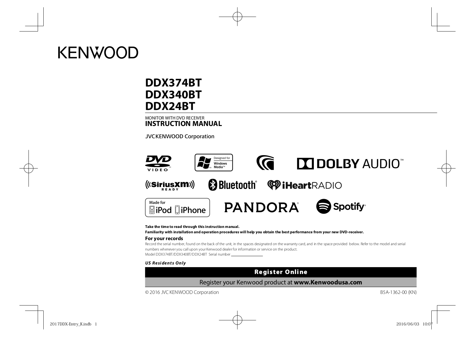 Kenwood DDX374BT, DDX340BT, DDX24BT Instruction Manual